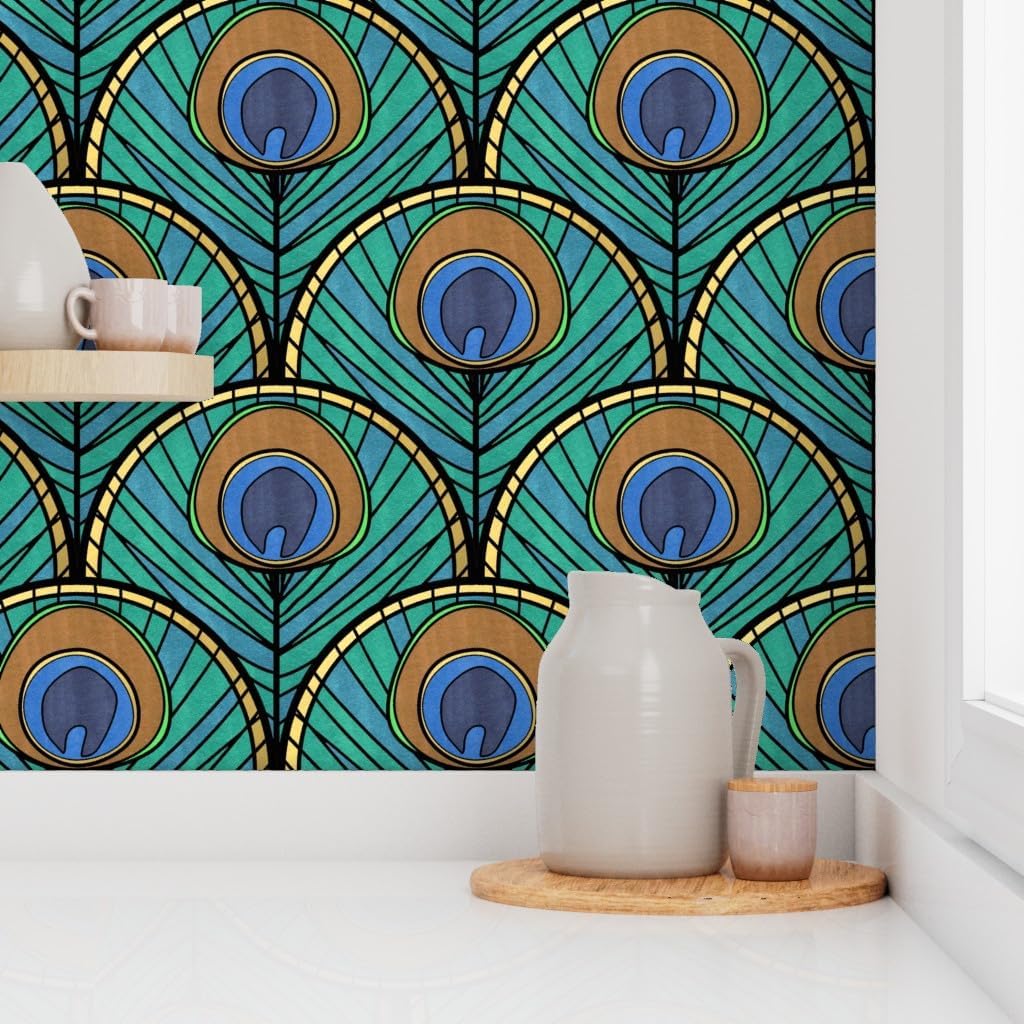 Removable Wallpaper 12ft x 2ft - Peacock Art Deco Fan Pattern Feather Blue Green 1920S Vintage Inspired Gold Animal Print Scallop Custom Pre-Pasted Wallpaper by Spoonflower