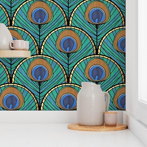 Miniatura 8 de Spoonflower Papel tapiz autoadhesivo de 3 x 2 pies, diseño de abanico Art Deco de pavo real, plumas, azul y verde, de los años 20, inspirado en la