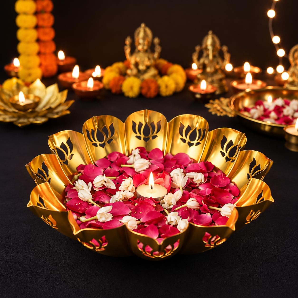 DecorTwist® MetalGold Lotus Urli Bowl 11.6 Inch, Decorative Metal Urli Bowl for Diwali, Pooja & Home Decor, Floating Flowers & Tea Light Candle Holder, Lotus Design for Table Centerpiece