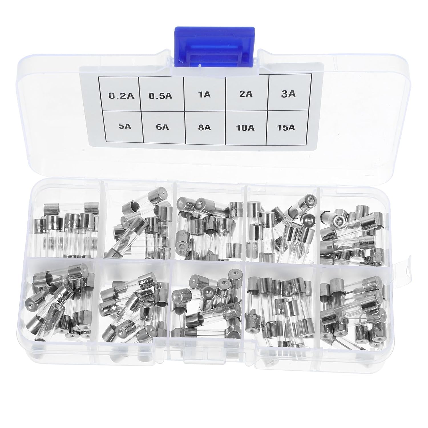 Kit de fusibles tubulares automotrices FUOYLOO, 100 piezas surtidas de 0,5 A a 15 A, acción rápida, con estuche transparente para almacenamiento fácil miniatura 1
