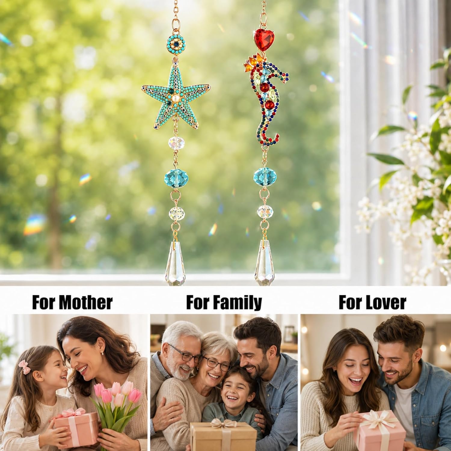 Bohemian Crystal Suncatcher Set - Starfish & Seahorse Hanging Ornaments with Crystals, Handmade Prism Sun Catcher for Window, Car, Party, Wedding, Home Decor, Ideal Gift
