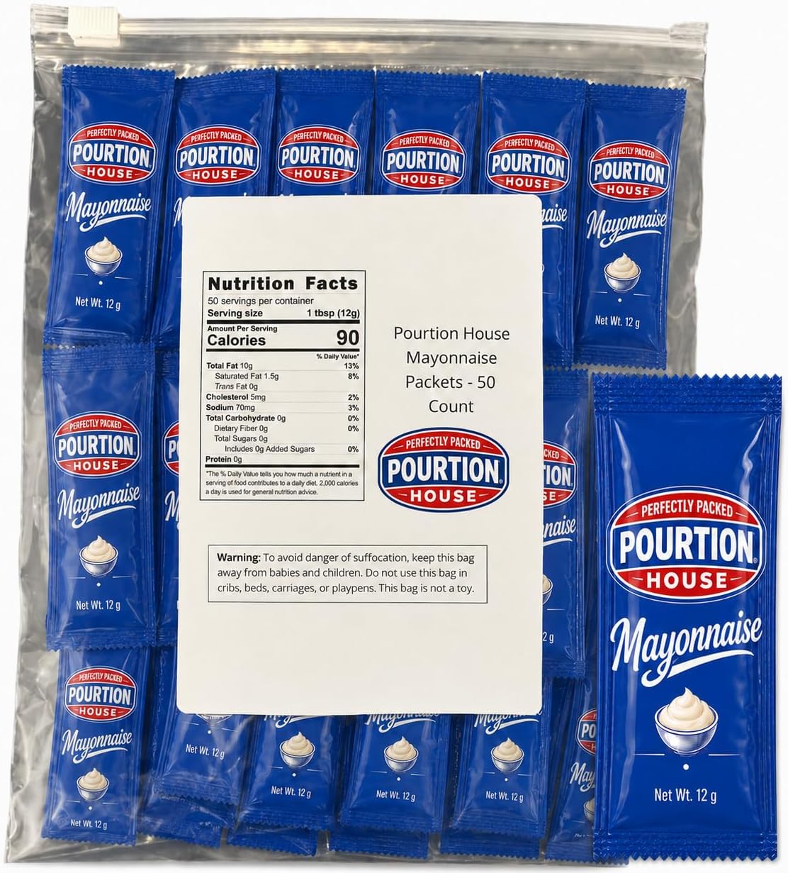 Pourtion House Mayo Packets 7/16 Oz – Assortment Gift - 50 Count Single Serve - Mayo Condiment Packs with 8 x 10 inch Food Safe Slide Seal Bag