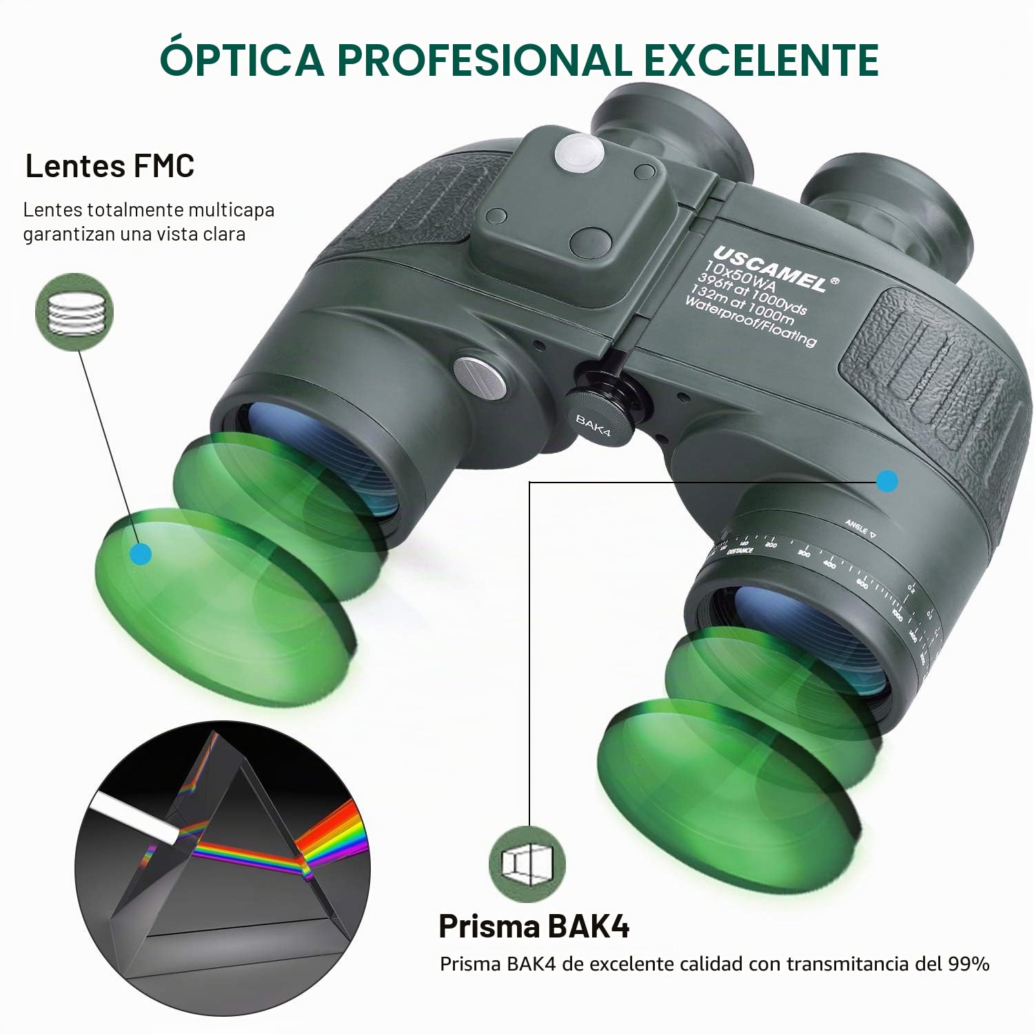 USCAMEL 10X50 Marinos Binoculares para Adultos con Telémetro Brújula, Binoculares Marinos para Adultos Vela Náutica