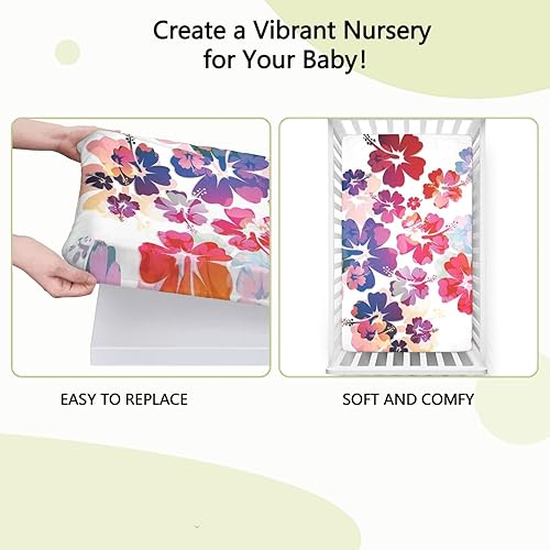 Miniatura 6 de Sábana bajera ajustable con temática hawaiana, suave y elástica, para cuna de bebé para niña o niño, rosa y naranja, 28 x 52 pulgadas