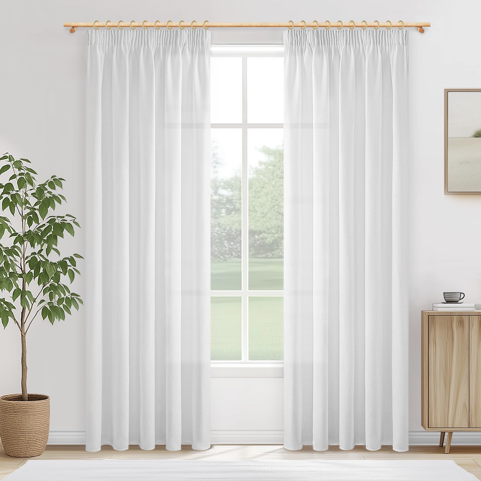 MRTREES Vorhänge mit Kräuselband Weiss Leinenoptik Halbtransparent für Schlafzimmer 2er Set, Weiße Gardinen Leinen 240 cm Lang 140 cm Breit, Vorhang Wohnzimmer Fenster Curtains Living Room