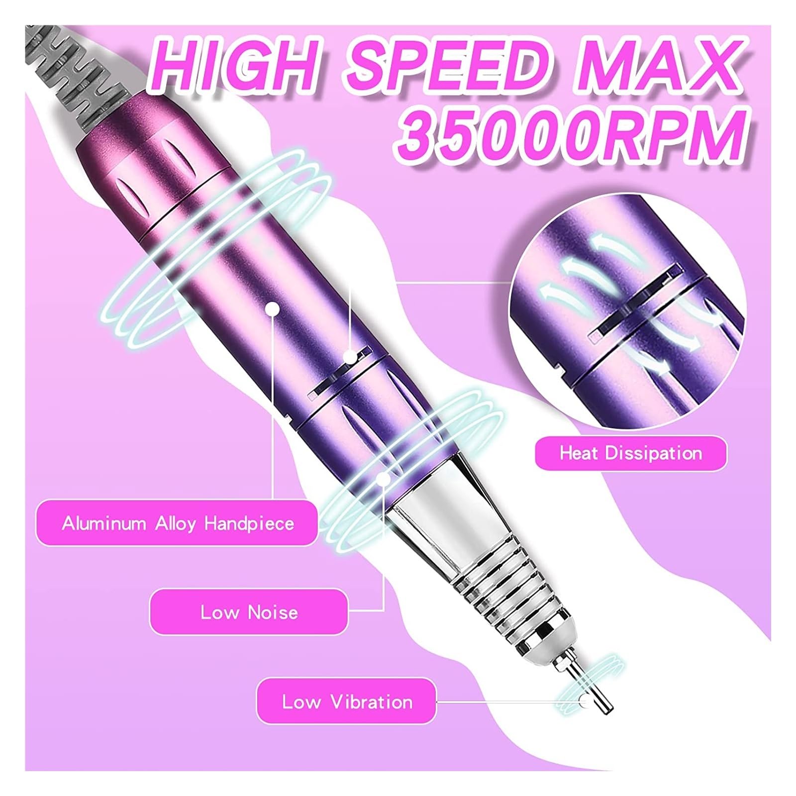 35000 RPM Nail Drill Manicure Machine Ricaricabile potente lima for unghie elettrica Motore for professionale for gel acrilico polacco , Basse vibrazioni(Pink Blue)