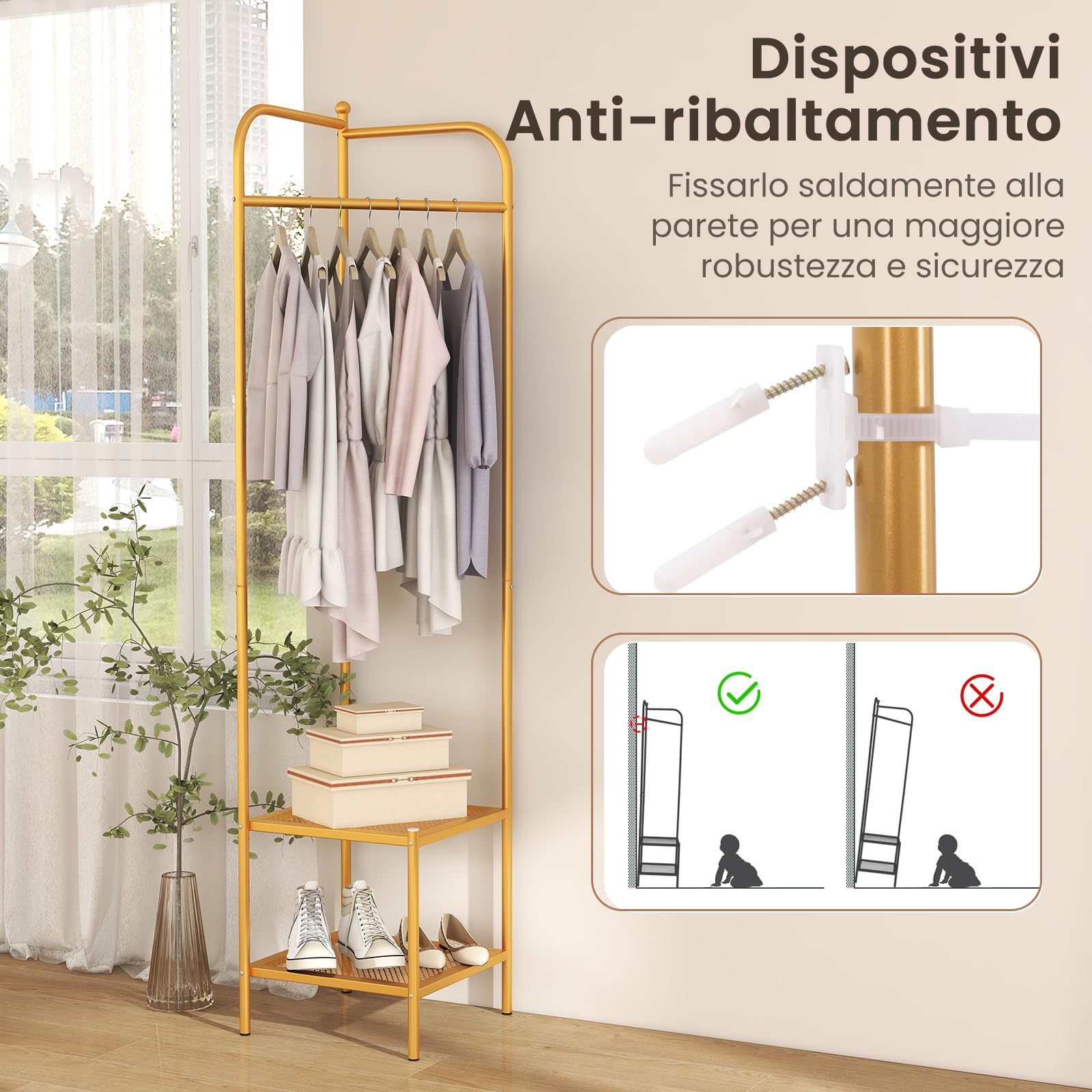 RELAX4LIFE 2 in 1 Appendiabiti da Terra con 2 Ripiani a Rete, Appendiabiti ad Angolo per Ingresso, Kit Antiribaltamento Incluso, per Camera, Ufficio, Corridoio, 42 x 42 x 194 cm (Dorato)