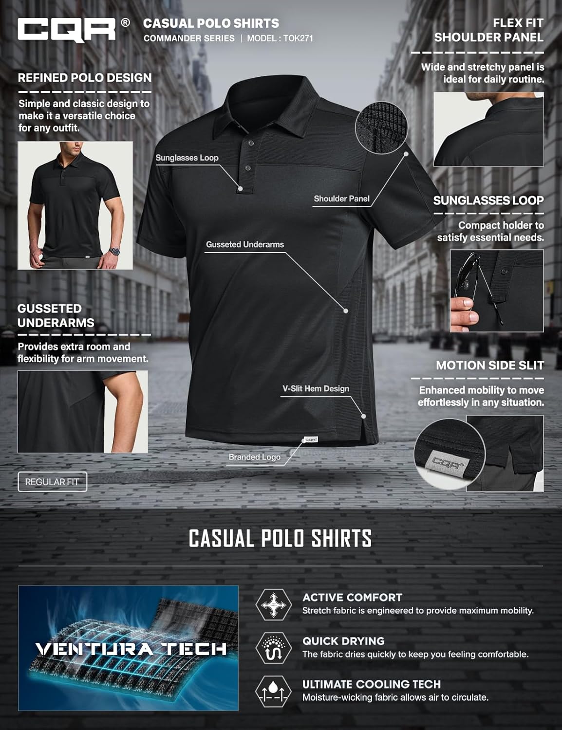 CQR Men's Polo Shirts, Tactical Short Sleeve Golf Performance Shirts, Lightweight Dry Fit UPF 50+ Pique - Image 7