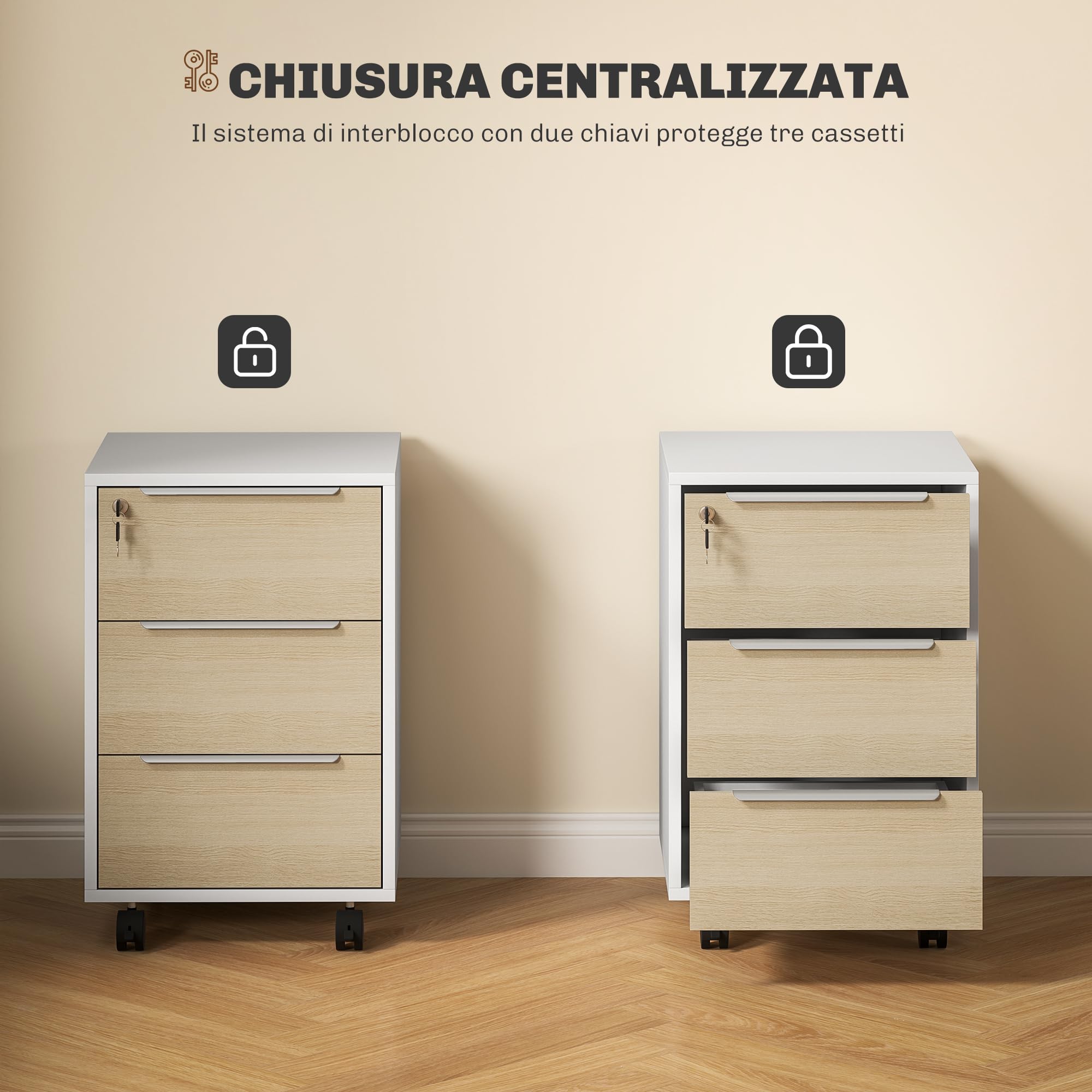 HOMCOM Schedario da Ufficio con 3 Cassetti, 4 Ruote, Cassettiera Ufficio con Serratura e 2 Chiavi per Lettera/Formato A4, Armadietto Verticale per Studio, 40x40x63.5 cm, Bianco e Rovere