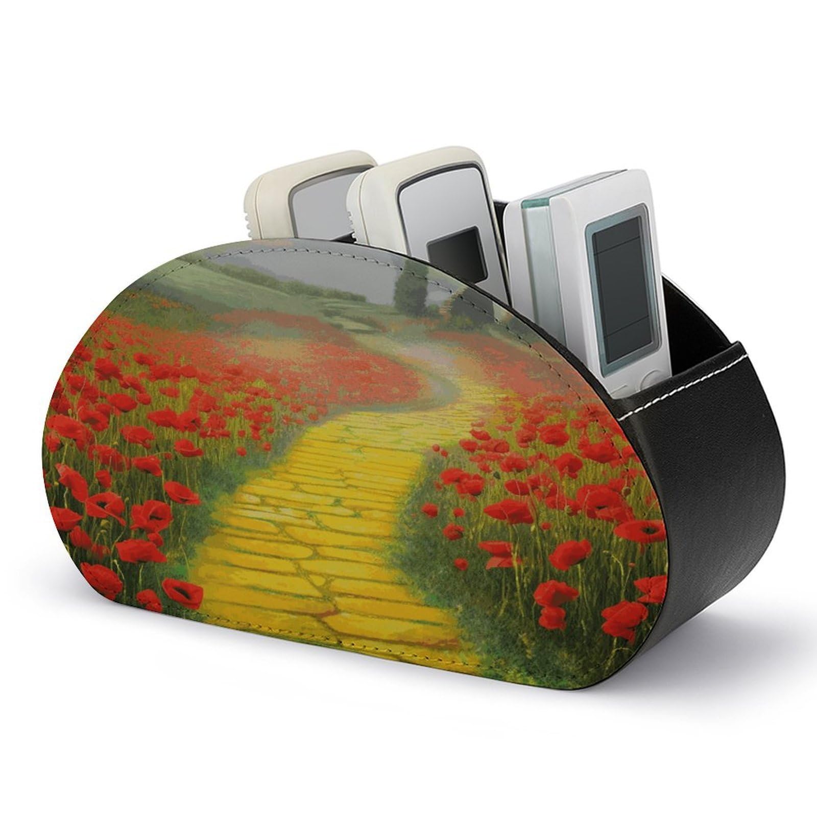 LDGSUPH Poppies Field Yellow Brick Road Remote Control Holder with 5 Compartments PU Leather TV Remote Caddy Storage Box Multi-functional Desk Storage Organizer Box Anti-slip Desktop Caddy