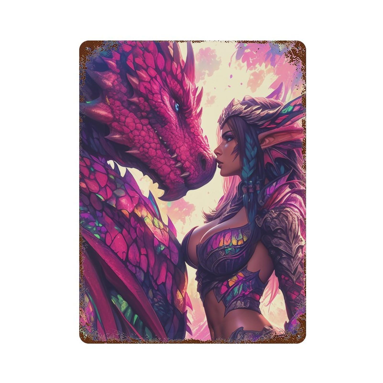 Rust Effect Dragon Kiss Fantasy Artwork Vintage Metal Tin Sign 15.7"x11.8", Farmhouse Wall Decor for Garage, Bar And Workshop Decor