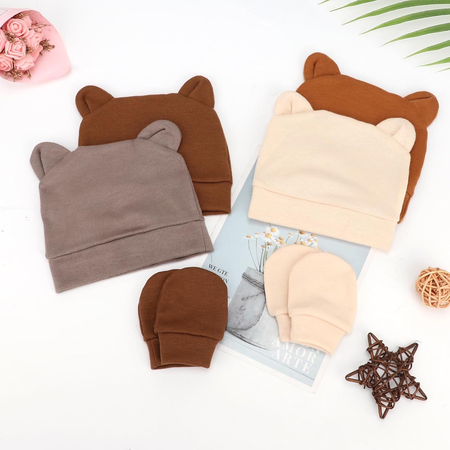 BQUBO Newborn Baby Bear Ears Hats and Mittens Sets Preemie Cotton Caps Baby Boy Girl Infant Hospital Beanie - Image 6