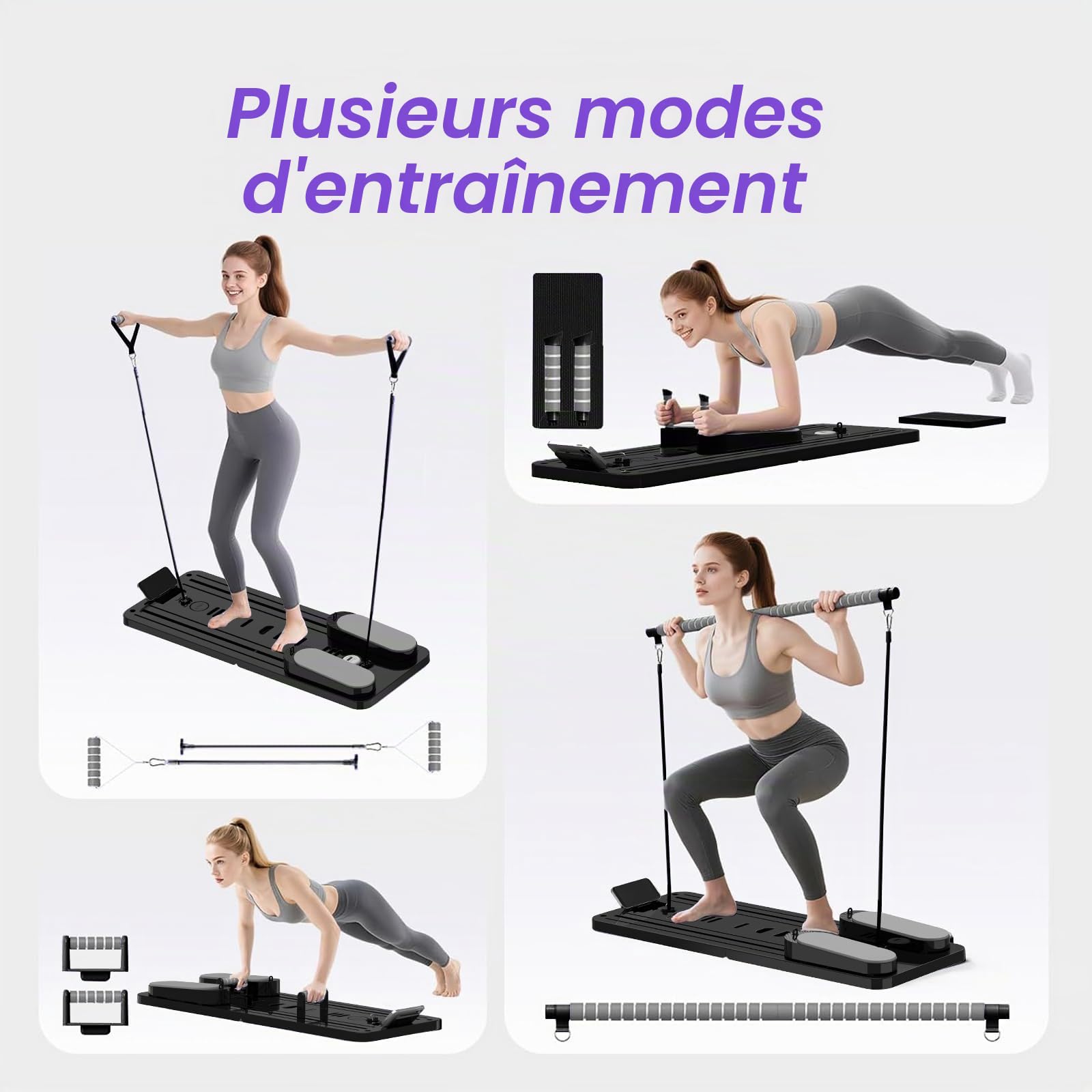 Pilates Reformer Upgraded, 8 en 1 Planche Pilate Maison Multifonction, Pilates Board Pliabl avec 5 Bandes de Résistance, Rebond Automatique et Appareil Abdominal, Entraînement Complet du Corps