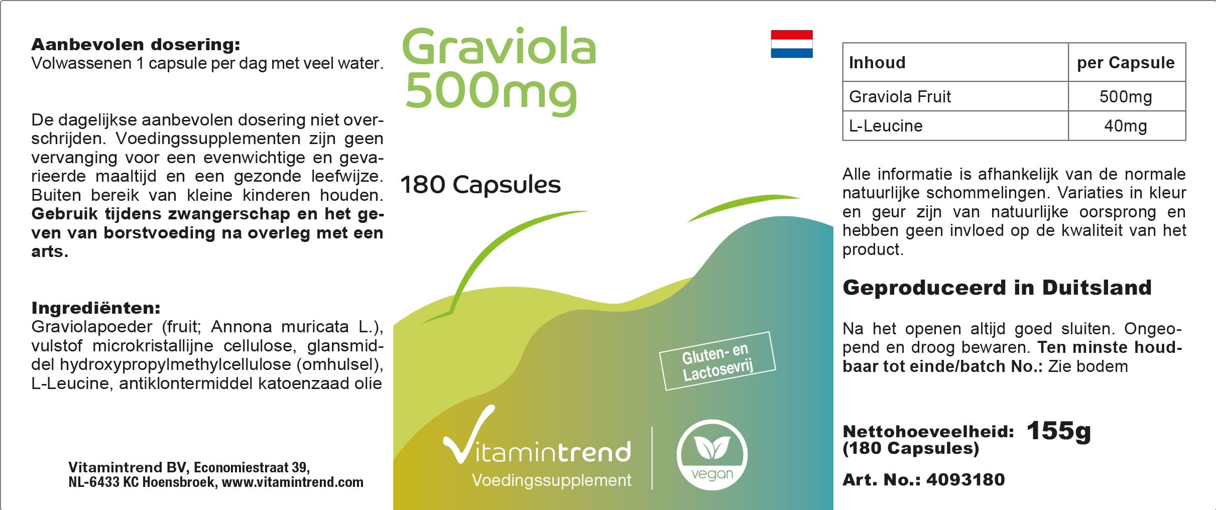 Vitamintrend Graviola hautement dosée 500 mg, 180 gélules, issue du fruit de graviola, annone épineuse, soursop, complément alimentaire végan sans additifs, fabriqué en Allemagne