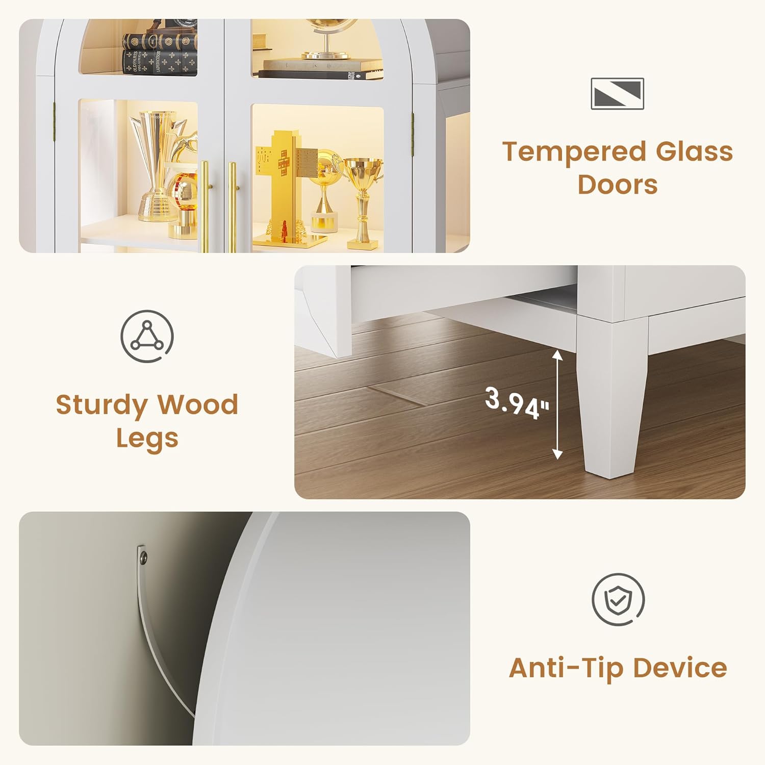 LVSOMT 71" Tall Arched Storage Cabinet with Glass Doors and Drawers, Curio Display Cabinet with Adjustable LED Light & Human Sensor, 4-Tier China Cabinet for Living Room(White)