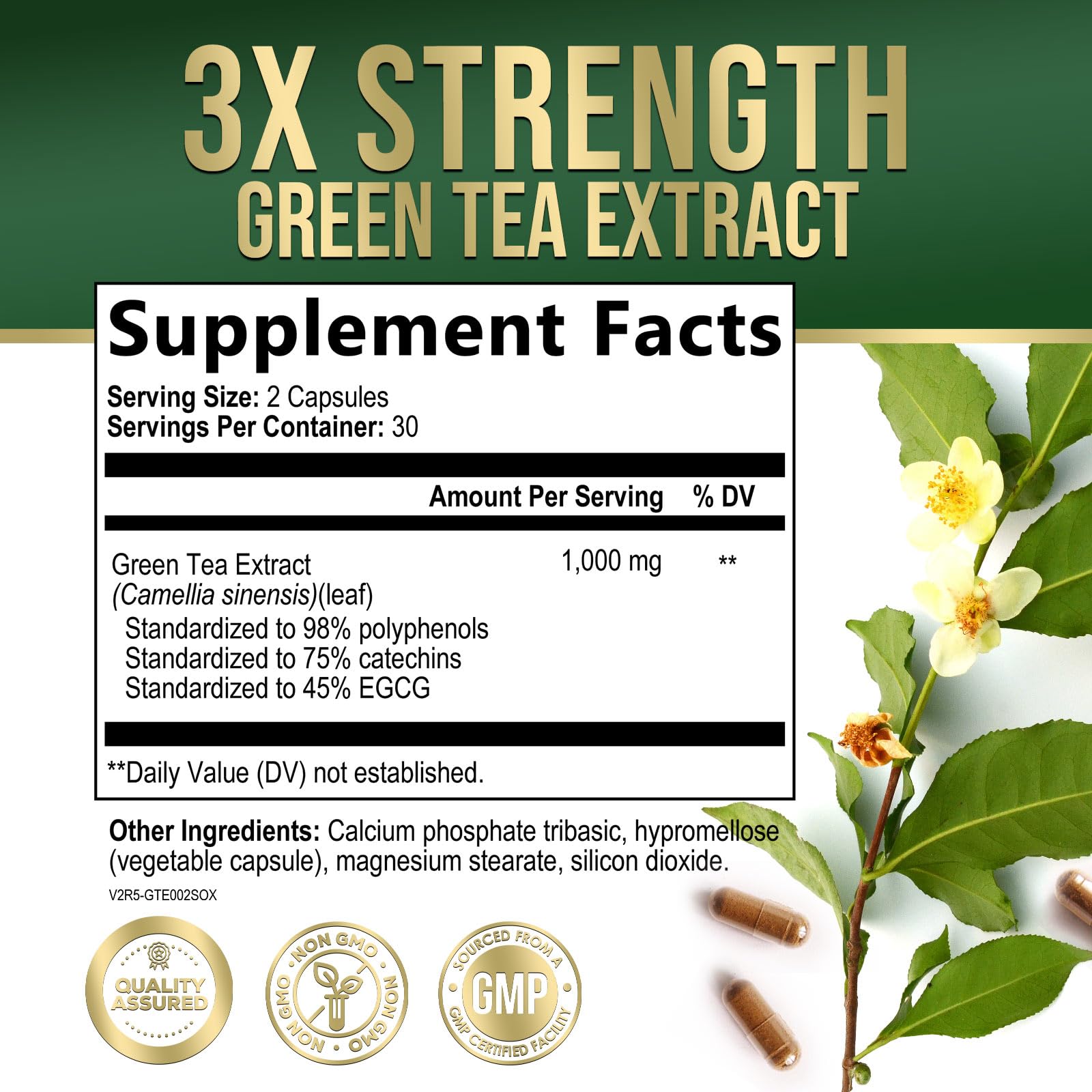 Green Tea Extract 1000mg Per Serving - Standardized 45% EGCG & 98% Polyphenols - 3X Strength Green Tea Pills for Energy, Supports Heart Health, Herbal Supplement, Vegan, Bottled in USA - 60 Capsules — Amazon image 2