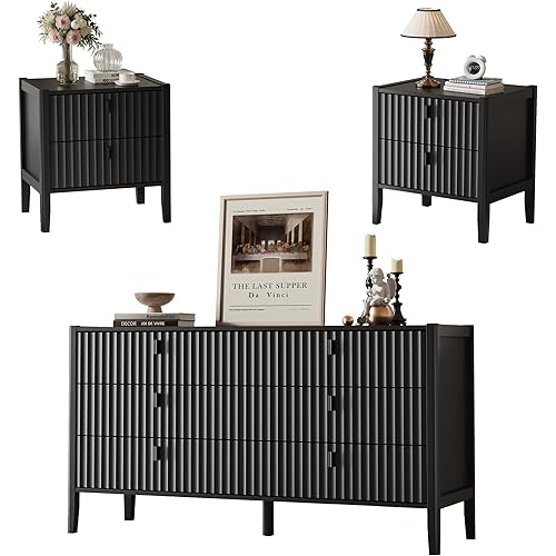 3-Piece Dresser Bedroom Set, 6 Drawer Dresser & 2 Drawer Nightstands with Metal Handles, Fluted Wood Chest of Drawers for Bedroom, Living Room, Entryway, Black