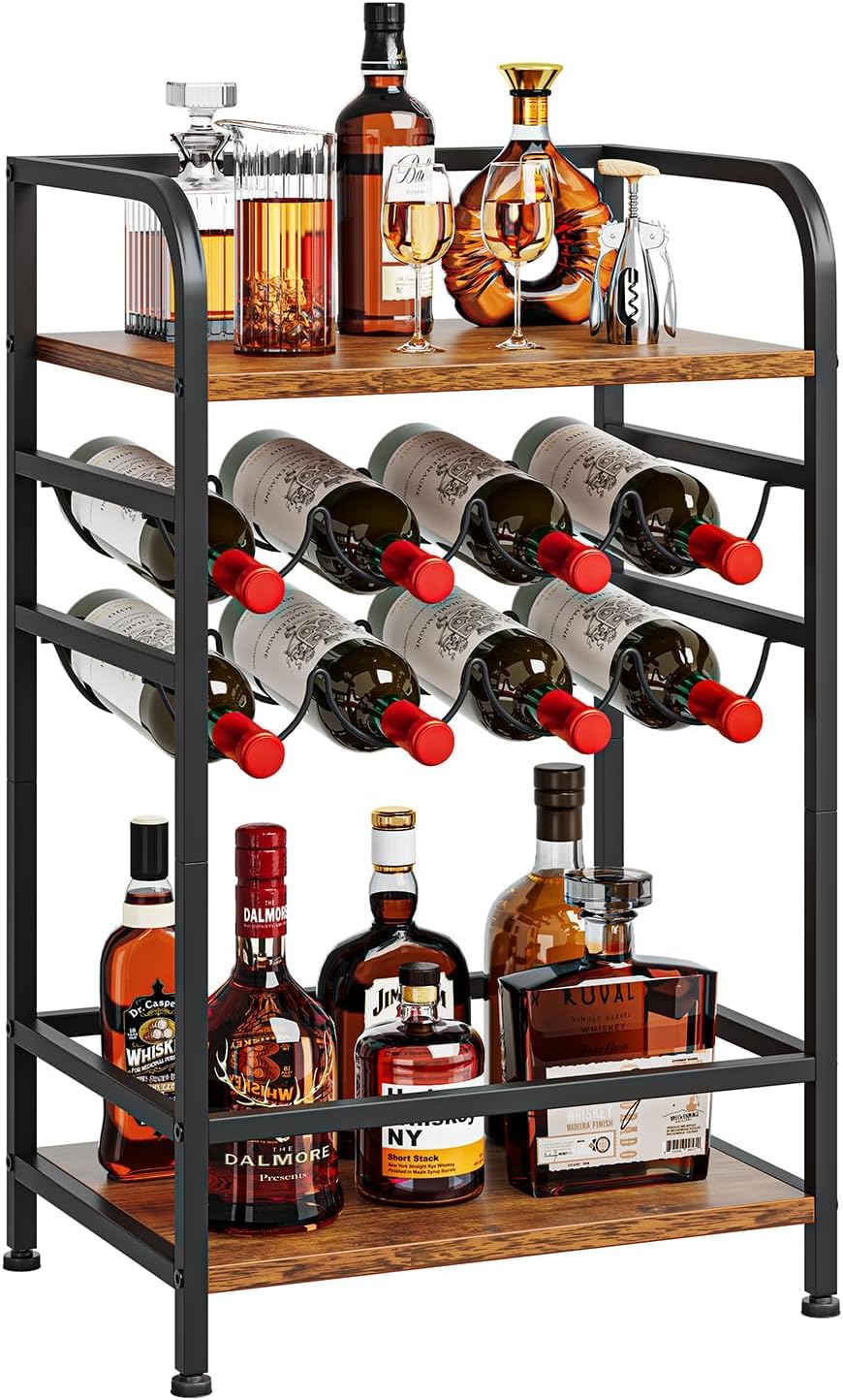 Dripex Étagère à vin à 4 étages - Petite étagère à Bouteilles pour 8 Bouteilles - Porte-Bouteilles autoportant avec Plateau de Table - pour Cave, Bar et Salle de Rangement -43 x 30 x 75 cm
