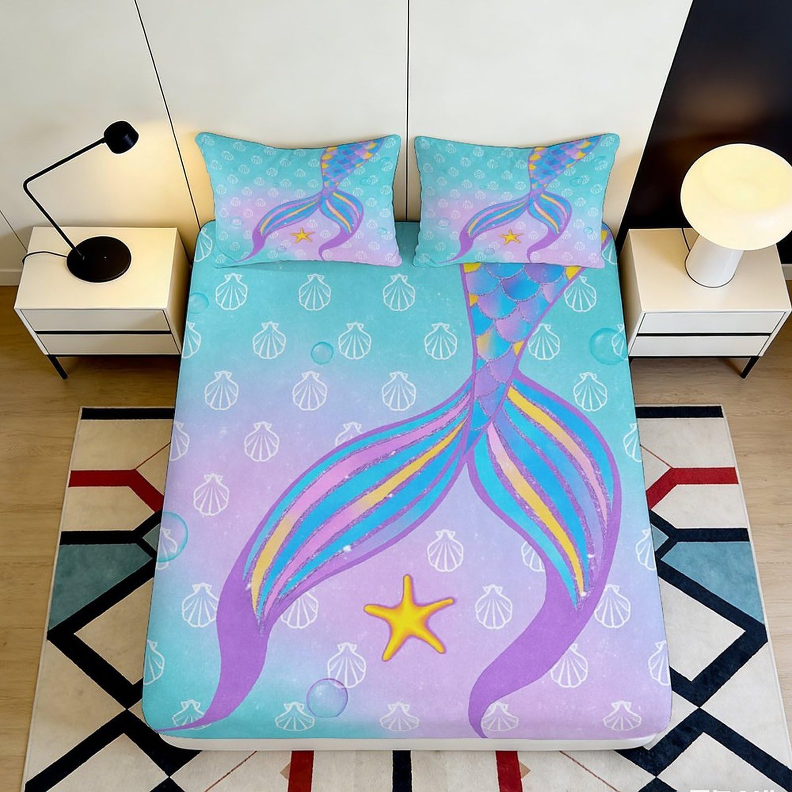 3D Printed Mermaid Tail Fitted Sheet Microfiber Deep Pocket for Bedroom Bedding Mermaid Mattress Fitted Cover Non-Slip Elastic Hem Washable for Adults Teens 200x200x25cm 90x200x25cm