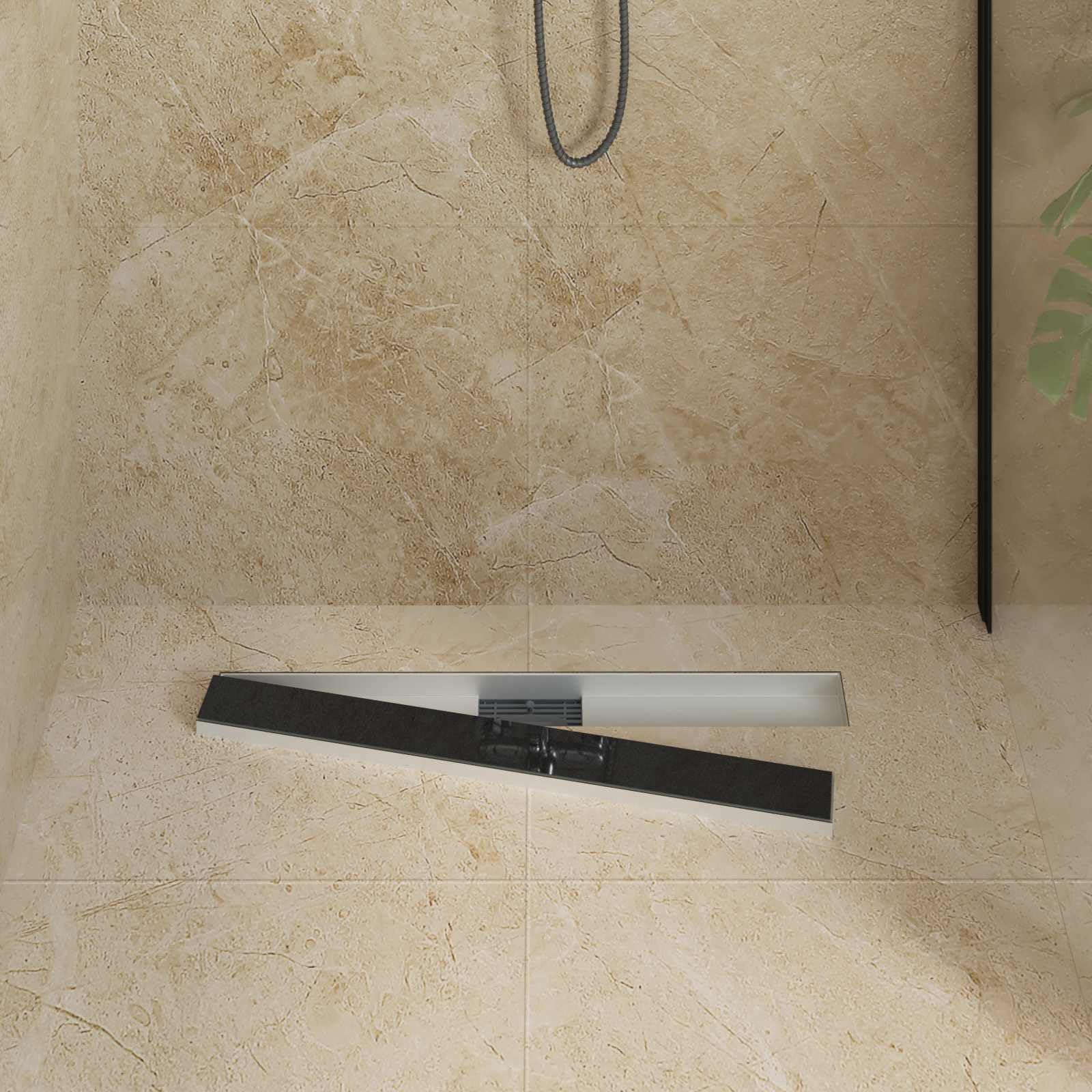 Desagüe de ducha de 70 cm con cubierta de cristal negro, canaleta de ducha de acero inoxidable 304 para duchas con diseño moderno