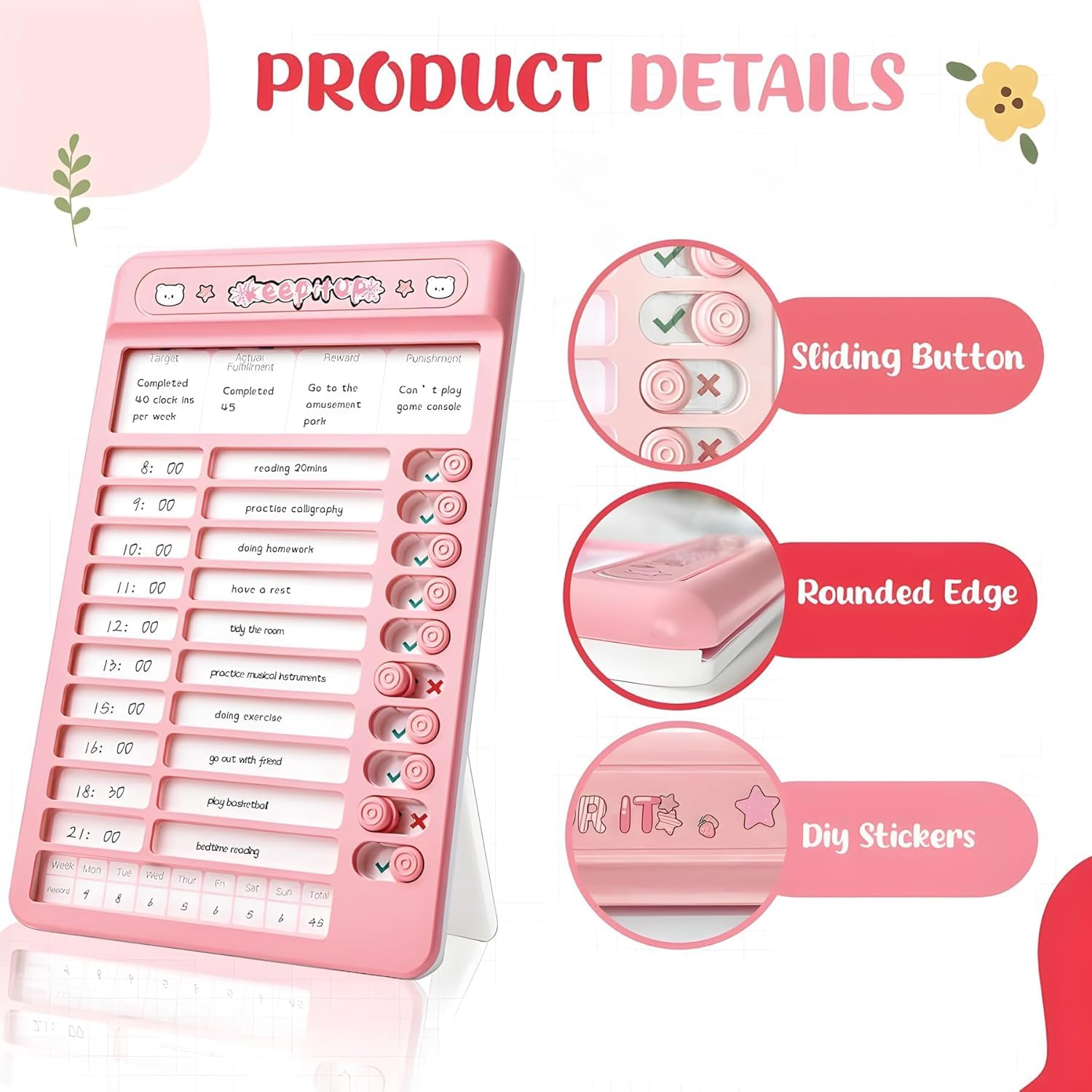 Kids Daily Habit Tracker Board Reusable Routine Schedule Chart with Sliding Buttons | Stand and Sticker Sheet for Children Study Planning | Task Management Time Scheduling Home and Classroom Use 3