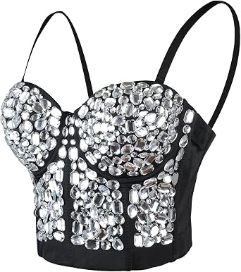 ELLACCI Womens Sexy Rhinestone Punk Bustier Crop Top Push Up Corset Bra White