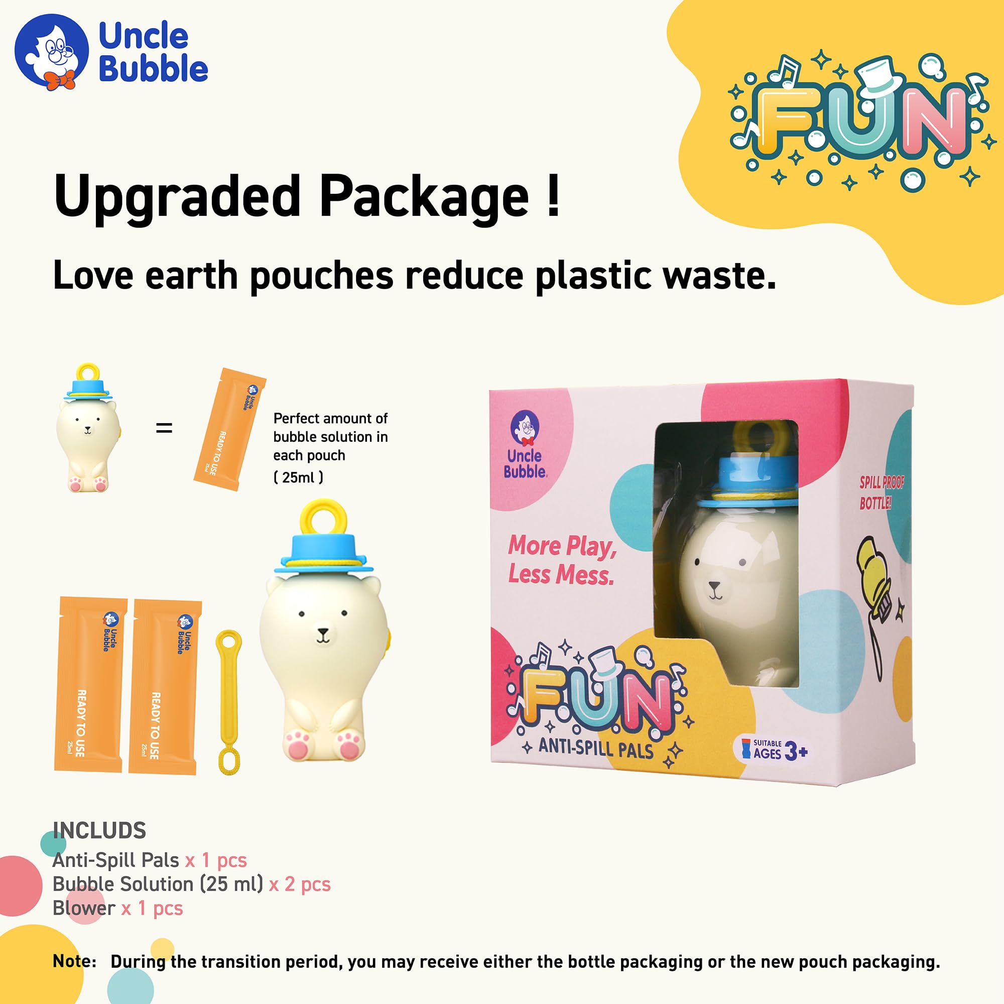 Uncle Bubble Fun - Tiny Bea Anti-Spill Pals - More Play, Less Mess | Spill-Resistant | Incl. Lovely Tiny Bear, Bubble Solution & 2 Bubble Wands