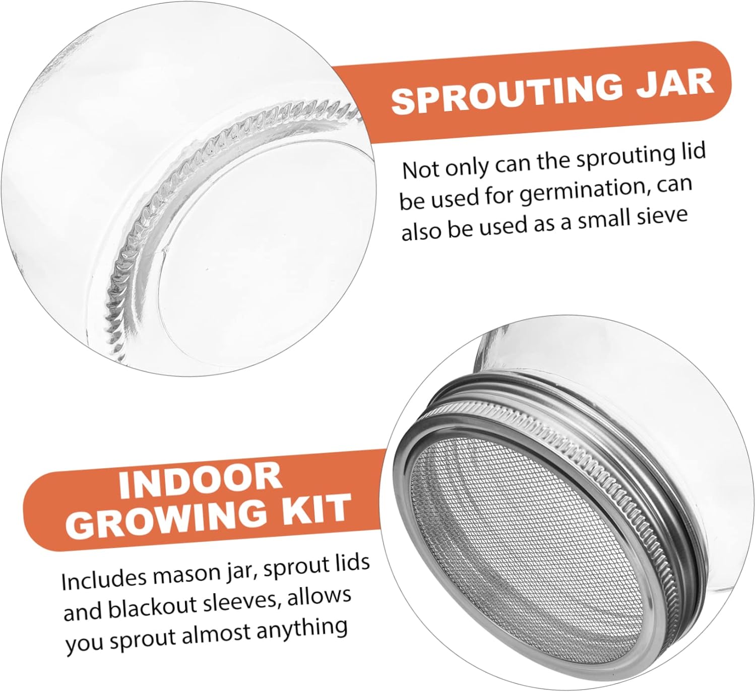 POPETPOP 1Set Indoor Sprouting Kit Mason Jars with Sprouting Lids Blackout Sleeves for Broccoli Alfalfa Kale and More Complete Germination Home