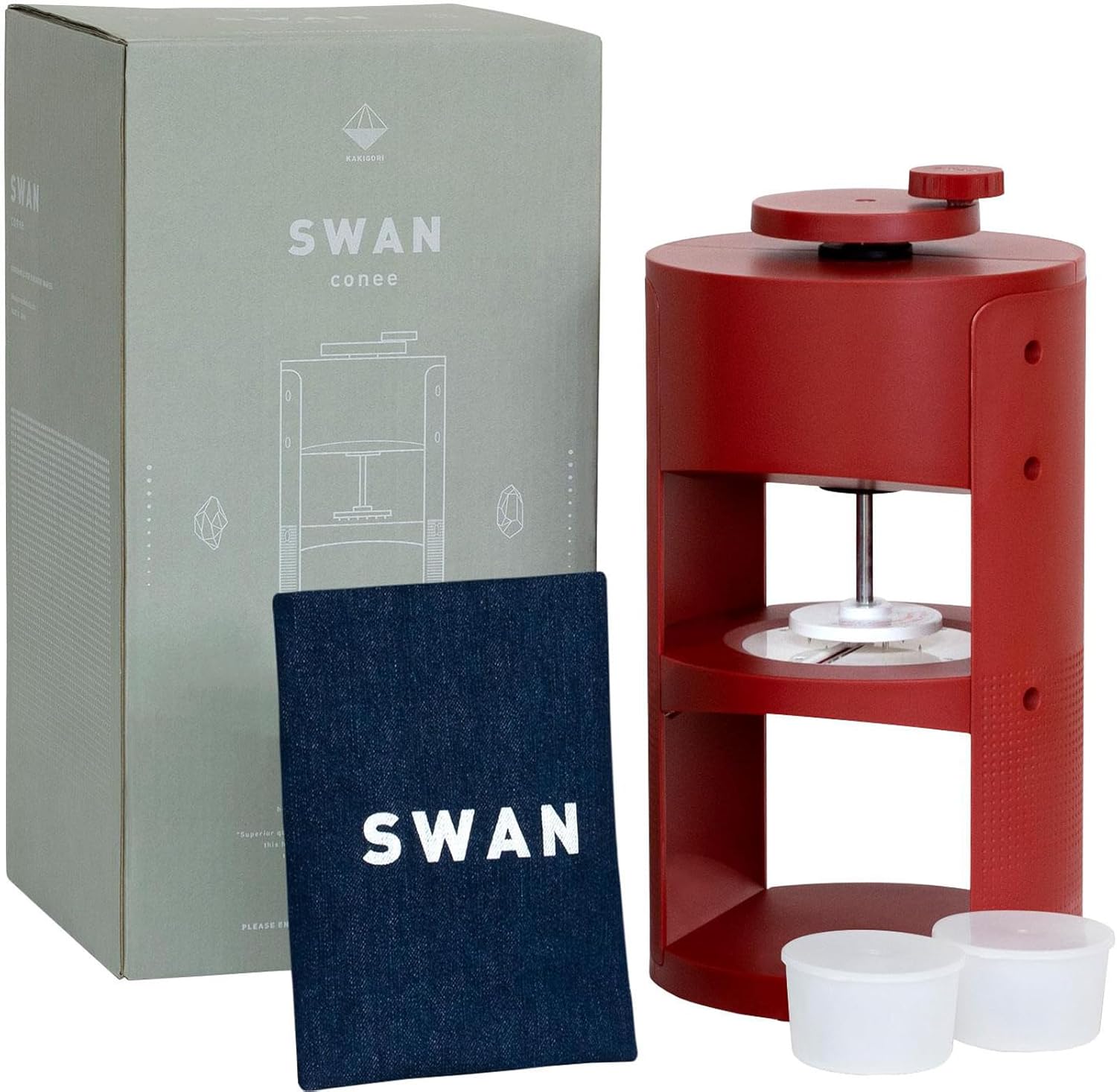 Ikegaga Ironworks SWAN Shaved Ice Machine, Manual Ice Shaved Ice Machine, For Home Use, With 2 Exclusive Ice Cups, Made in Japan, Denim Bag Included