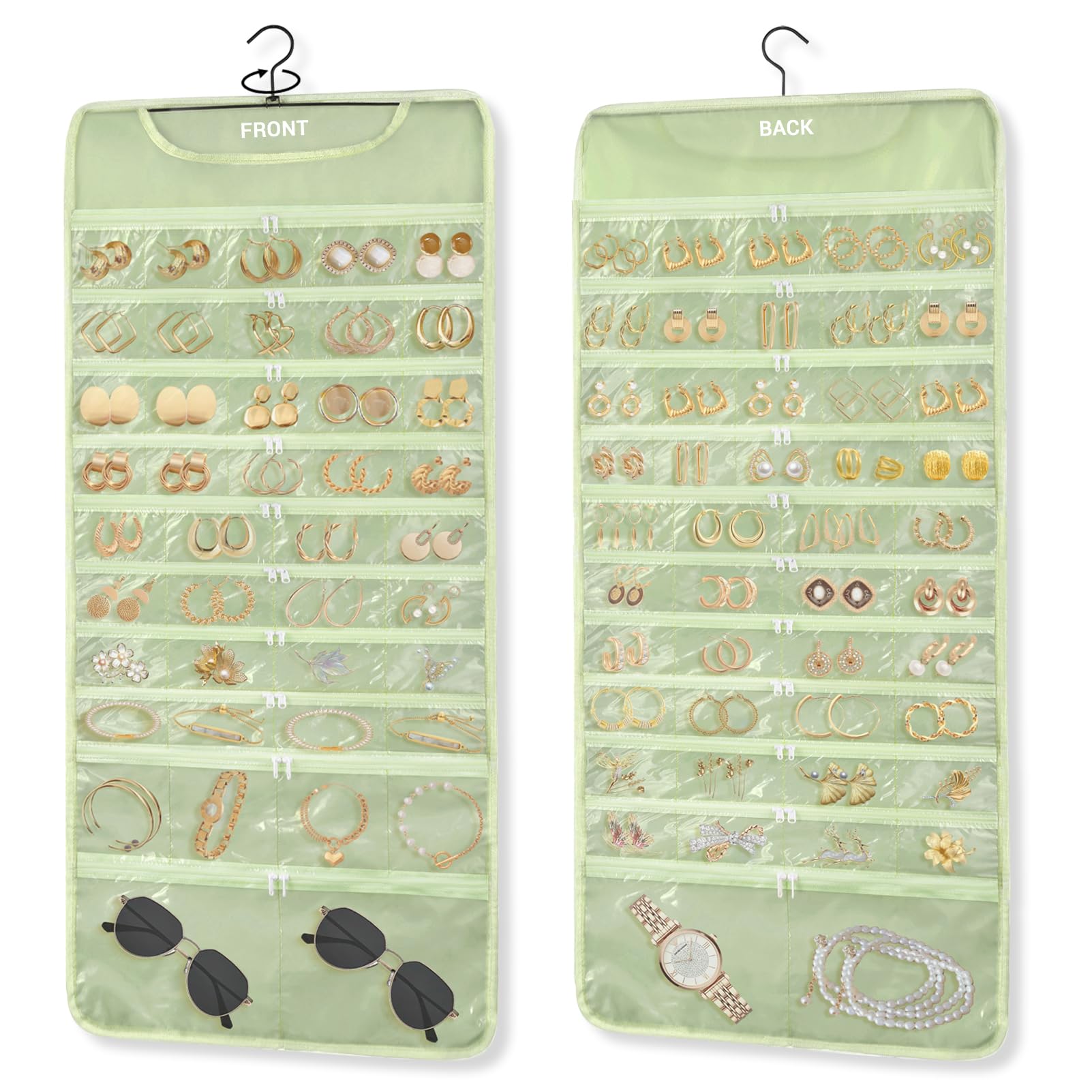 FOREGOER Hanging Jewelry Organizer 88 Zippered Pocket, 2-Sided,1 Pack Green