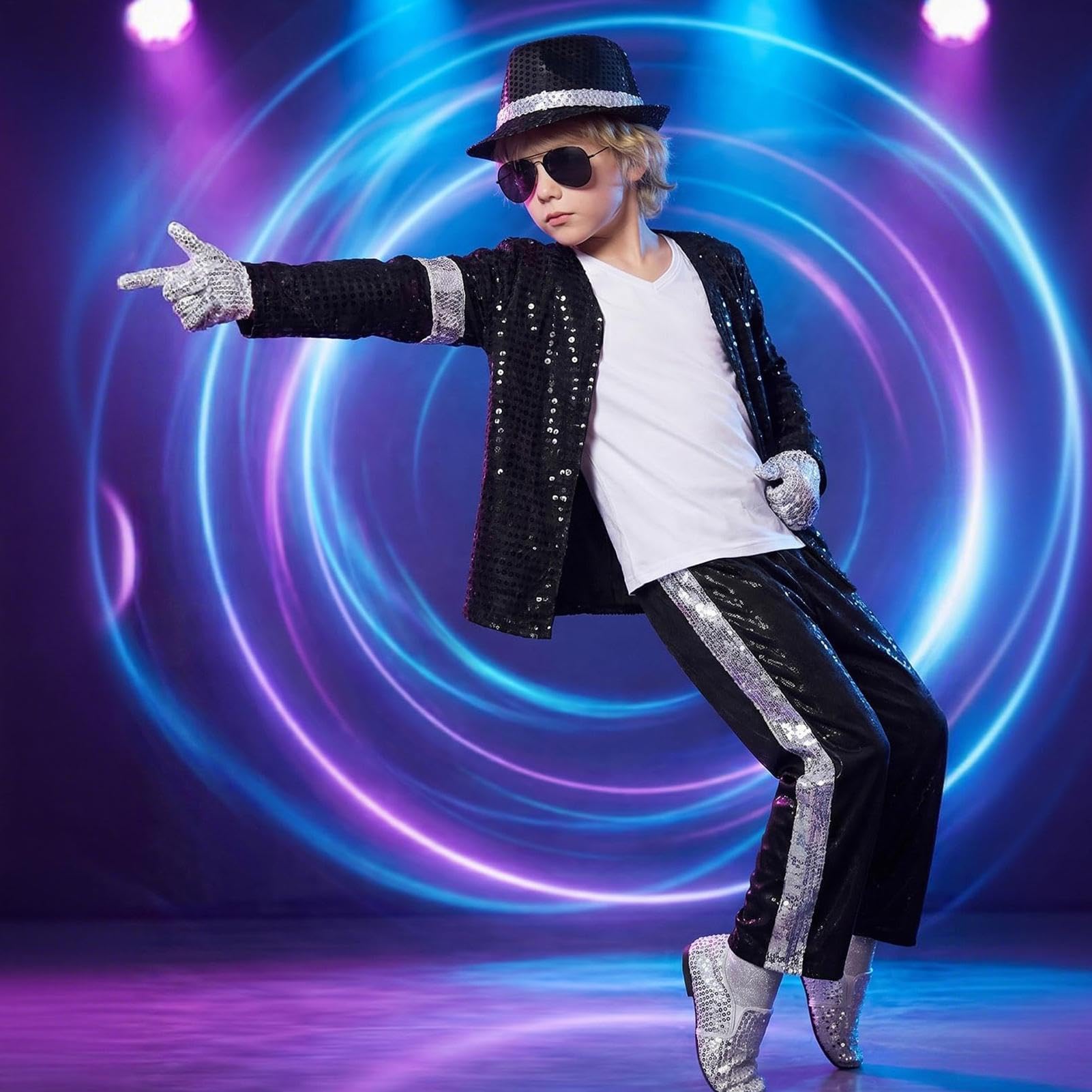 Generico Michael Costume Jackson Vestito Bambino, Pop Star, Set 6 Pezzi Con Giacca Nera Con Paillettes, Pantaloni, Cappello, Guanto – Spettacoli Halloween Christmas