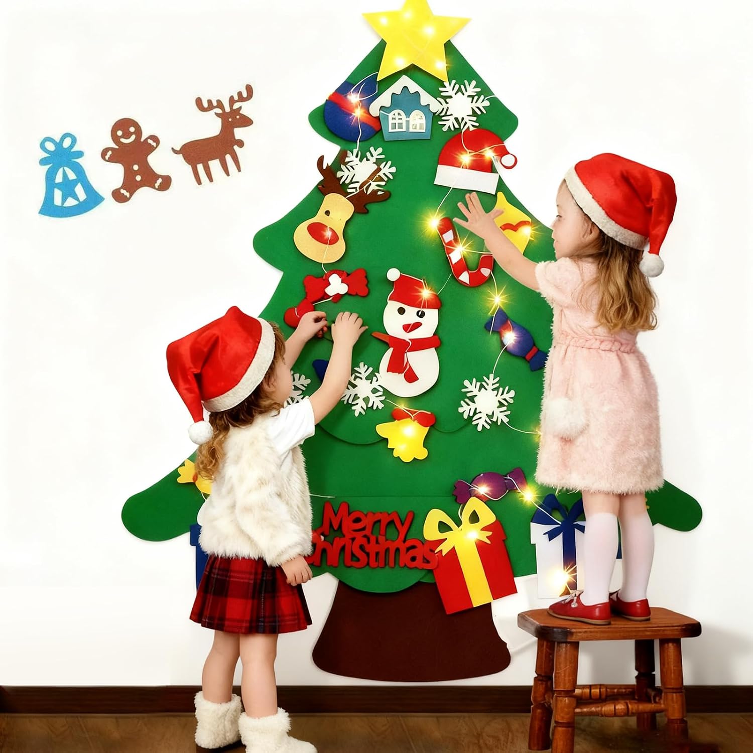 DIY Felt Christmas Tree Set with LED, 3ft Wall Hanging Xmas Tree for Kids, Reusable Felt Christmas Decorations with Detachable Ornaments, DIY Gift for Toddlers and Family Holiday Fun