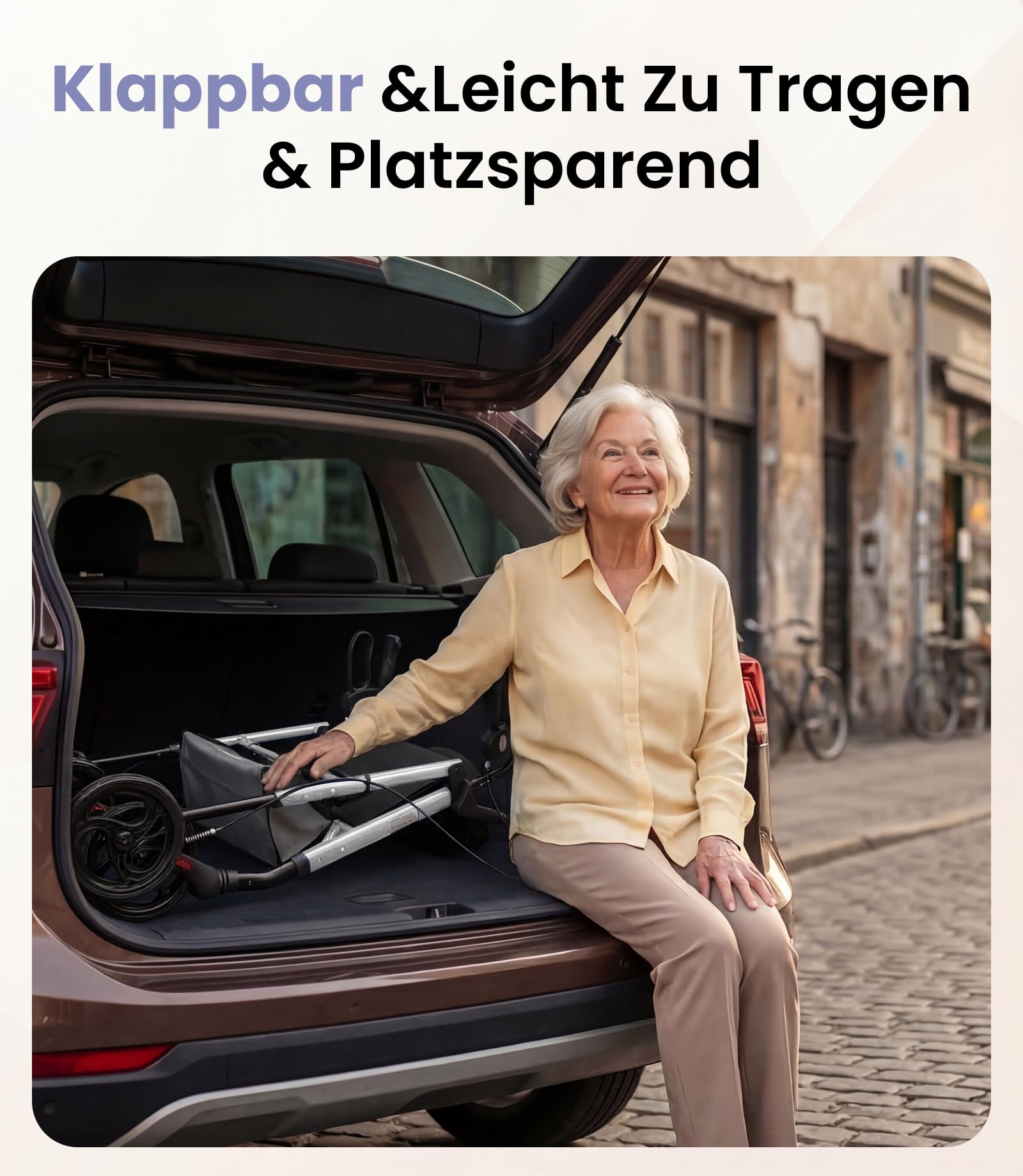 Rollator Faltbar und Leicht mit Sitz, Rollator Schmal für Wohnung, Rollatoren für Senioren mit höhenverstellbar Sitz und Griff, Gehwagen leicht klappbar mit Bremse, 8" All-Terrain Räder, Sternensilber
