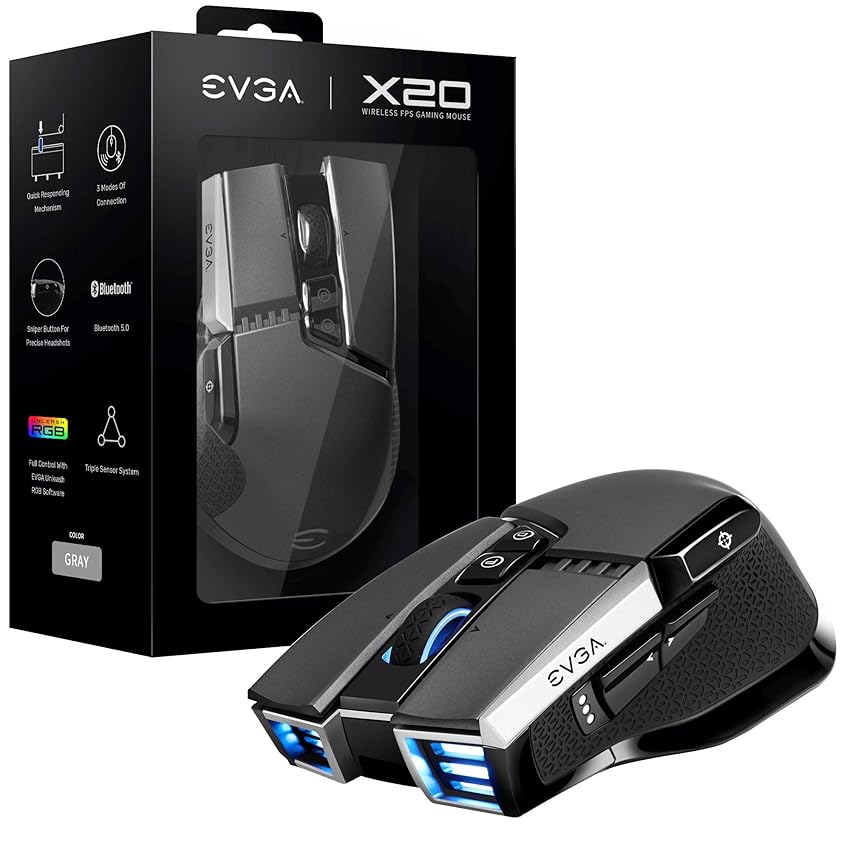 Immagine del prodotto EVGA X20 Mouse da Gioco, Wireless, Grigio, Personalizzabile, 16.000 DPI, 5 Profili, 10 Pulsanti, Ergonomico, 903-T1-20GR-K3