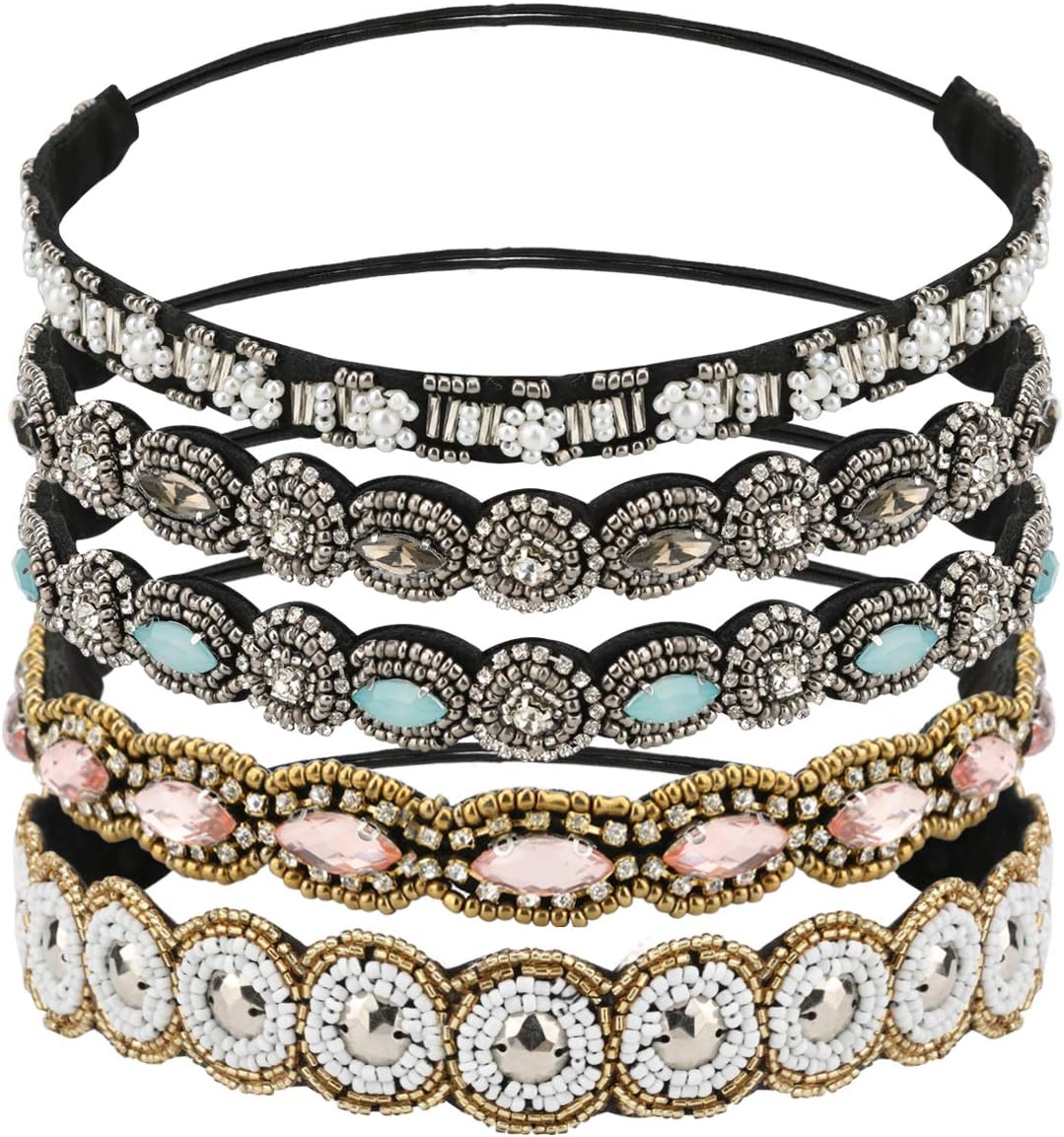 Laelr 5 Pieces Jewel Headbands, Womenโs Headbands Elastic Rhinestone Hairbands Crystal Beaded Fashion Vintage Women Head Wrap Lady Girls Hair Jewelry Accessories (5pcs)