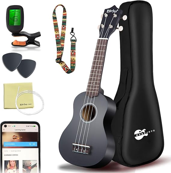 Everjoys Soprano Ukulele Set for Children and Adults 53 cm Ukulele Starter Kit with Bag Tuner Songbook Strings Pick & Polishing Cloth Black