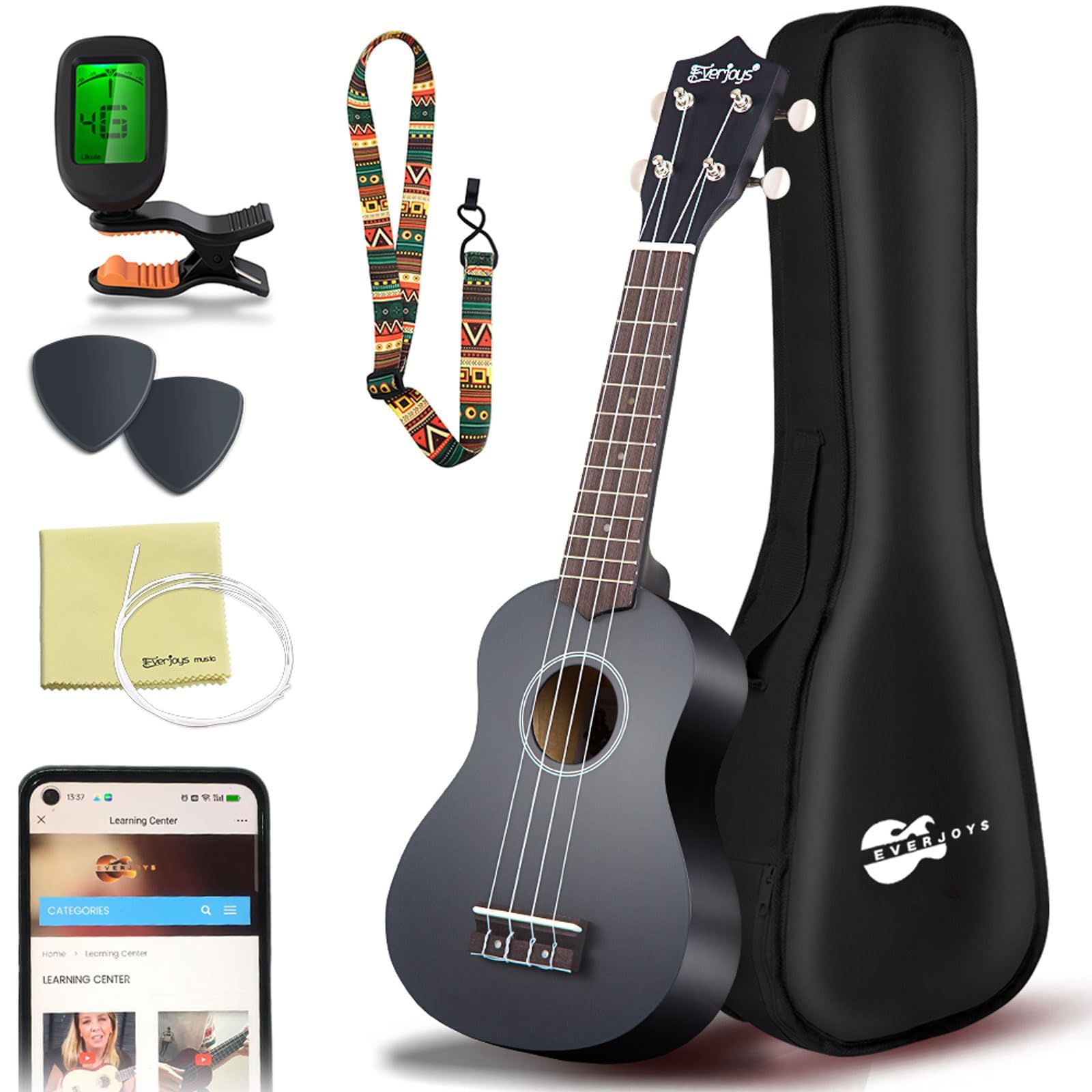 Everjoys Ukulele Soprano per Principiante Adulto Ukulele da 21 Pollici con Borsa, Accordatore, Corde Aggiuntive, Cinturino, Plettri, Nero