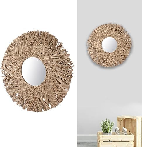 Miniatura 2 de Pssopp Espejo de pared de tejido de paja, espejo de decoración de pared, imágenes HD, hermoso retro, fácil de colgar, decorativo para baño (natural)