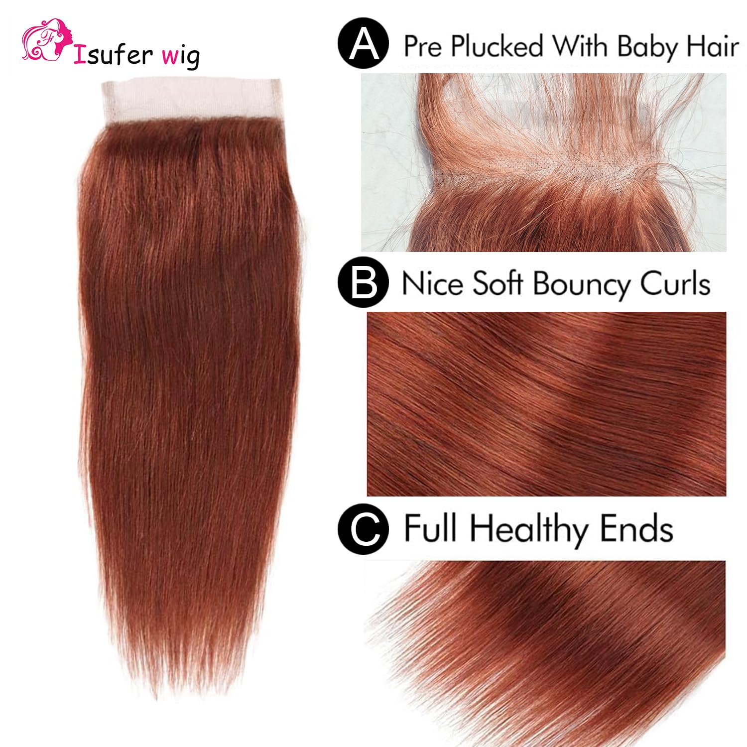 Reddish Brown Closure 4x4 Transparent Lace Closure 33# Human Hair Brazilian Virgin Straight Hair With Baby Hair 150% Density 14 Inch For Black Women