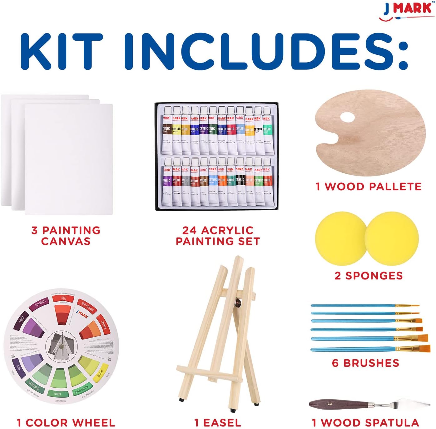 J MARK Canvas and Paint Set -39 Canvas Paint Set Includes 24 Acrylic Paints, 3 Canvas, Brushes, Wood Palette, Table Easel, Color Wheel, Spatula -Art Supplies for Beginners -Gift or Date Night Activity