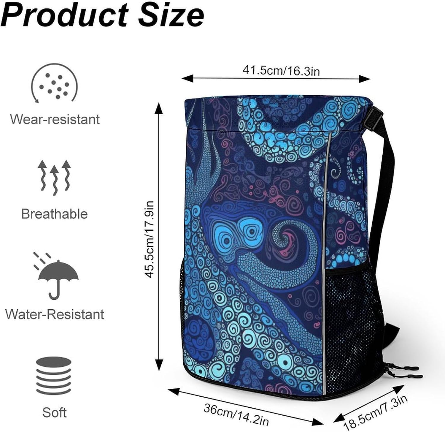 Blue Octopus Drawstring Backpack with Wet Pocket - Large Capacity Gym Bag with Shoe Compartment & Mesh Pockets, Adjustable Lightweight Gym Backpack for Swimming, Travel, Workout