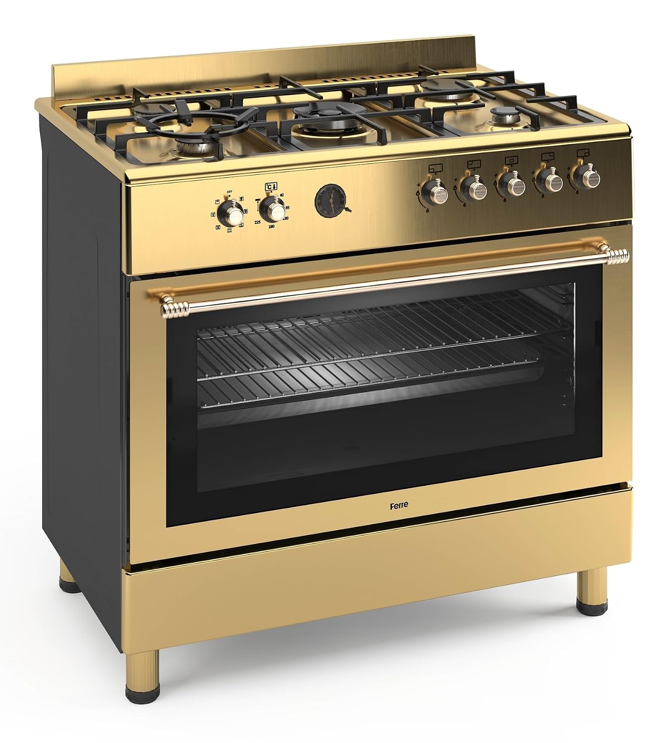 Ferre F9S50E7-GI-RETRO 90cm Dual Fuel Range Cooker With Double Turbo Fan & Wok Burner - Gold - Image 2