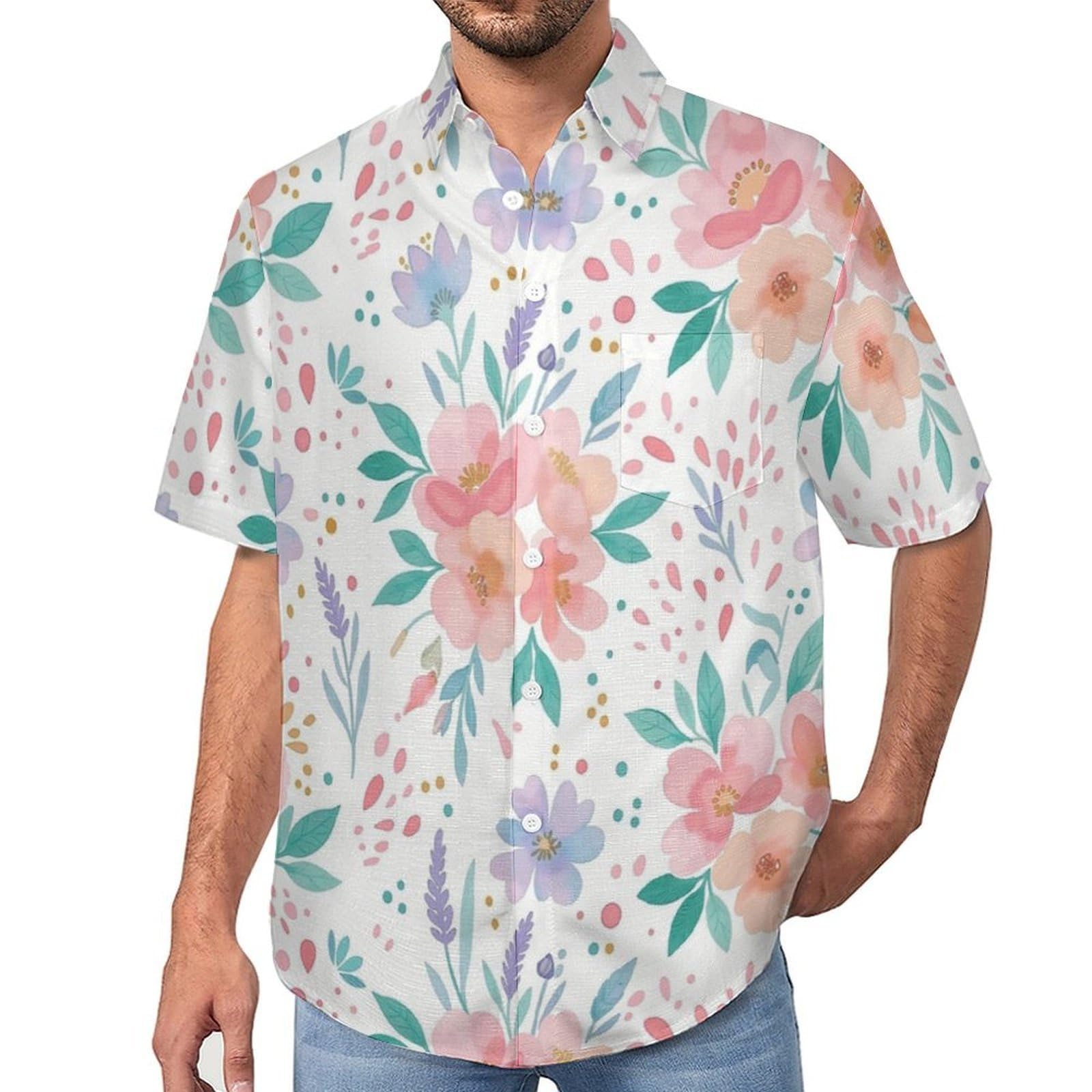 Camicia da Uomo a Maniche Corte con Bottoni, Stile Dipinti A Mano con Stampa Fiori Ad Acquerello, vestibilità Regolare, Camicie da Spiaggia Estiva Hawaiano, Aloha