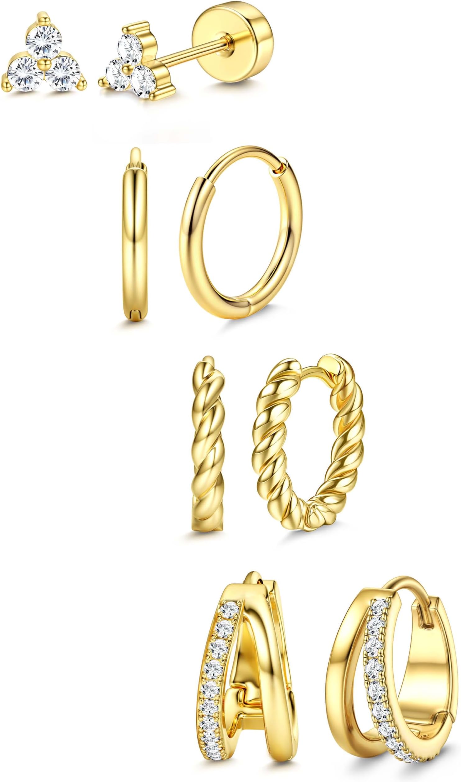 Small Hoop Earrings for Women - Hypoallergenic 14K Gold Plated Surgical Steel Chunky Huggie Earings Stacks Set Dainty Cute Cartilage Flat Back Stud Jewelry Trendy Gift 4 Pairs