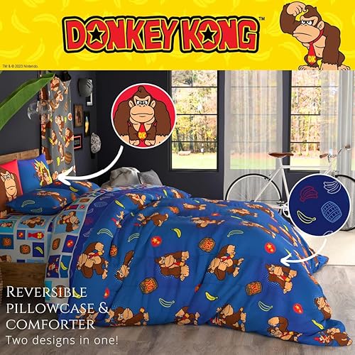Miniatura 5 de Franco - Ropa de cama de Donkey Kong de Nintendo, juego de 7 piezas con edredón reversible y sábanas supersuaves con estilo gaming, con funda