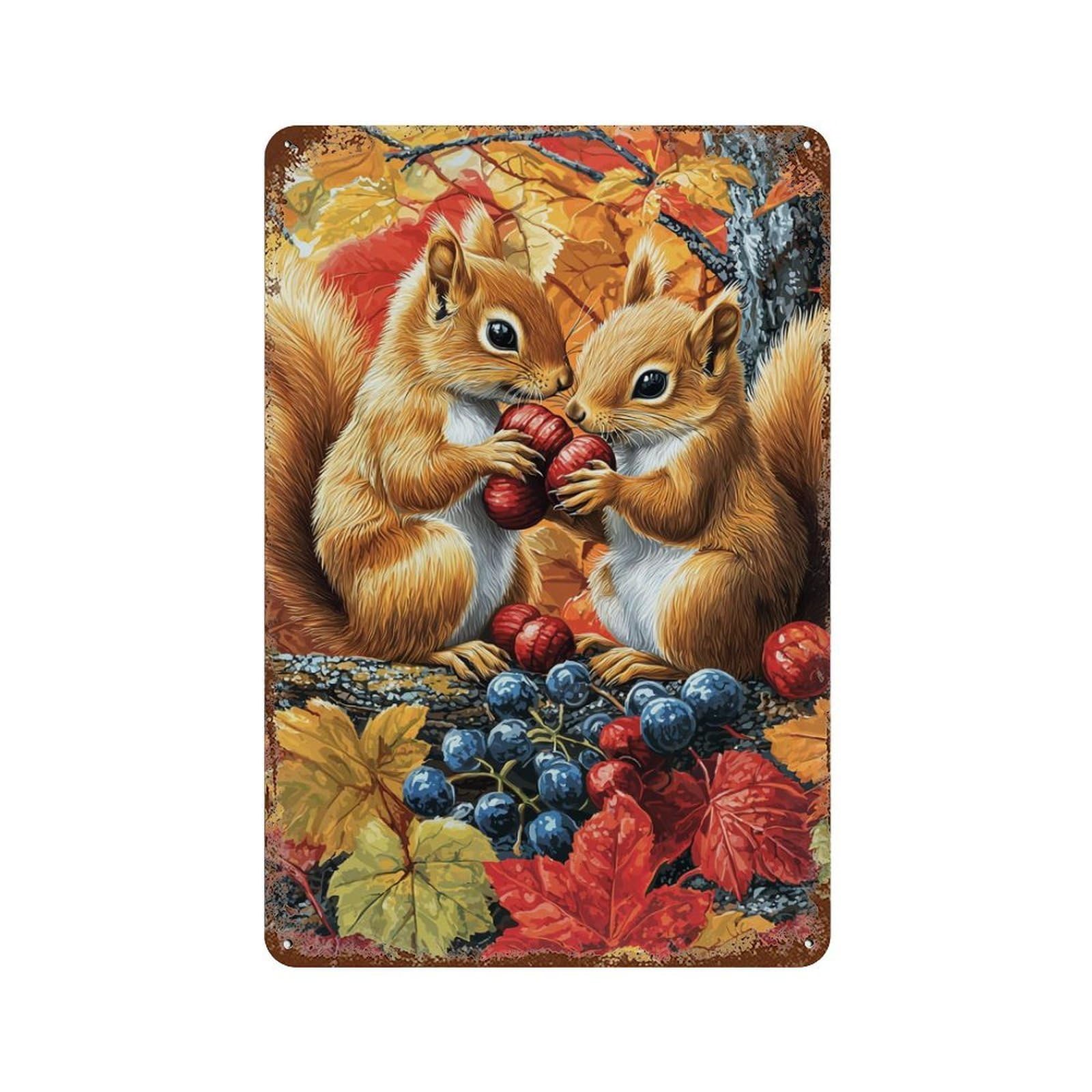 Rusty Metal Tin Sign Autumn Squirrel Berries Painting 11.8"x7.9", Rustic Home Decor for Shed, Workshop And Garage Wall Decor