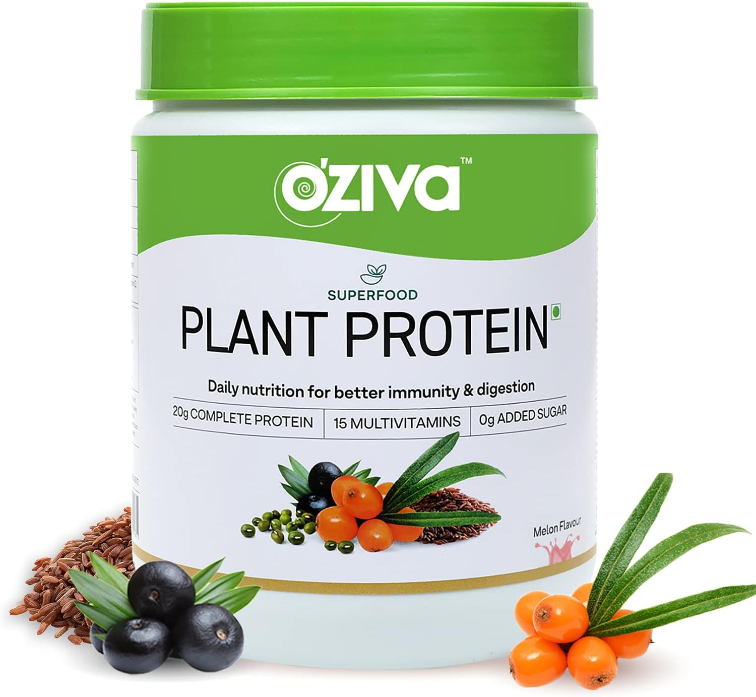OZiva Superfood Plant Protein Powder, for Men & Women, Melon, 500g (20g of Complete Vegan Protein Powder with Essential Vitamins & Minerals) for Boosting Immunity, Energy & Better Digestion