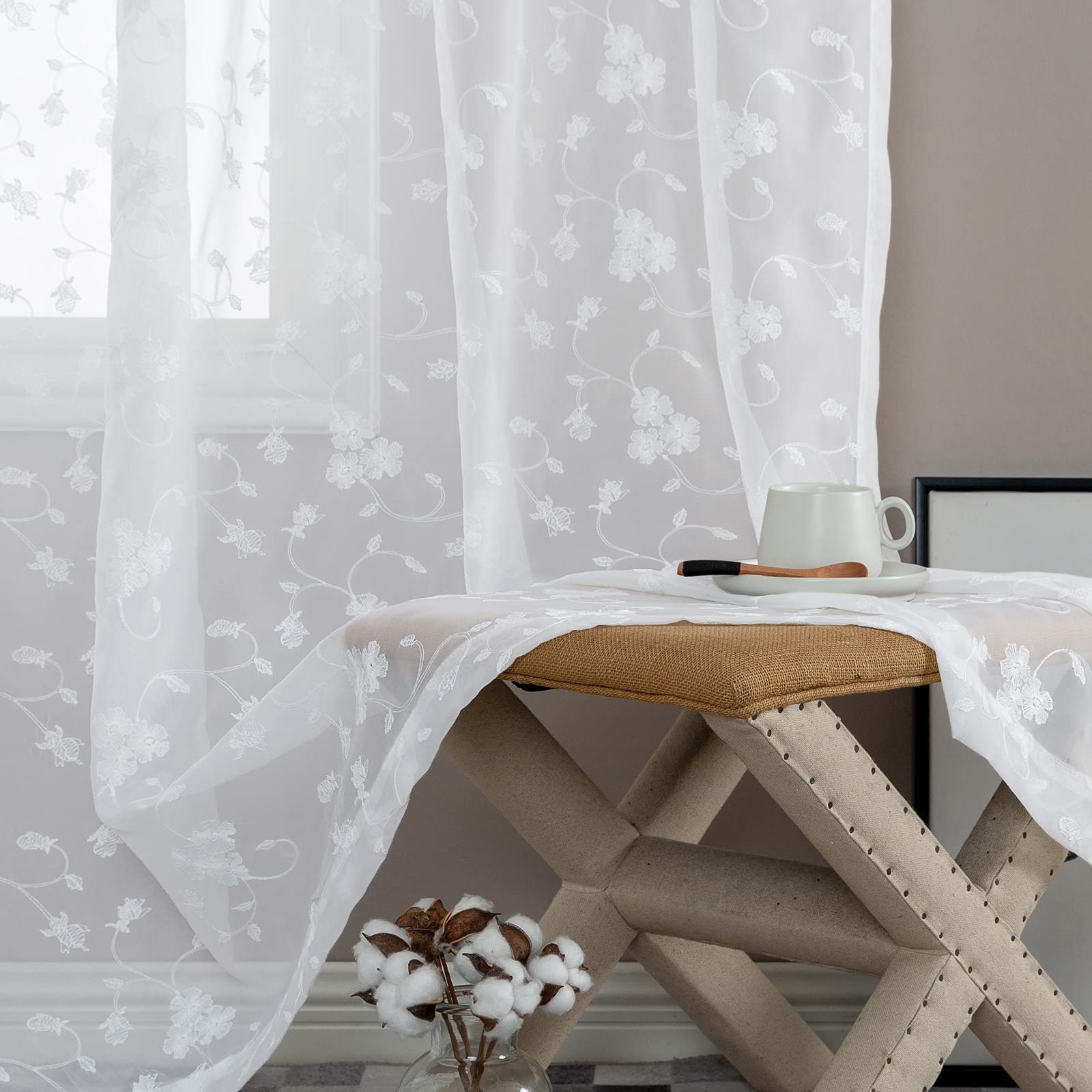 TOPICK Rideau Voilage de Fenetre Draperie Intérieur Blanc 140Lx225Hcm, Draperie Translucides à Passe Tringle, Décoration d'Interieure Moderne pour Salon Chambre Cuisine ​Lot de 2