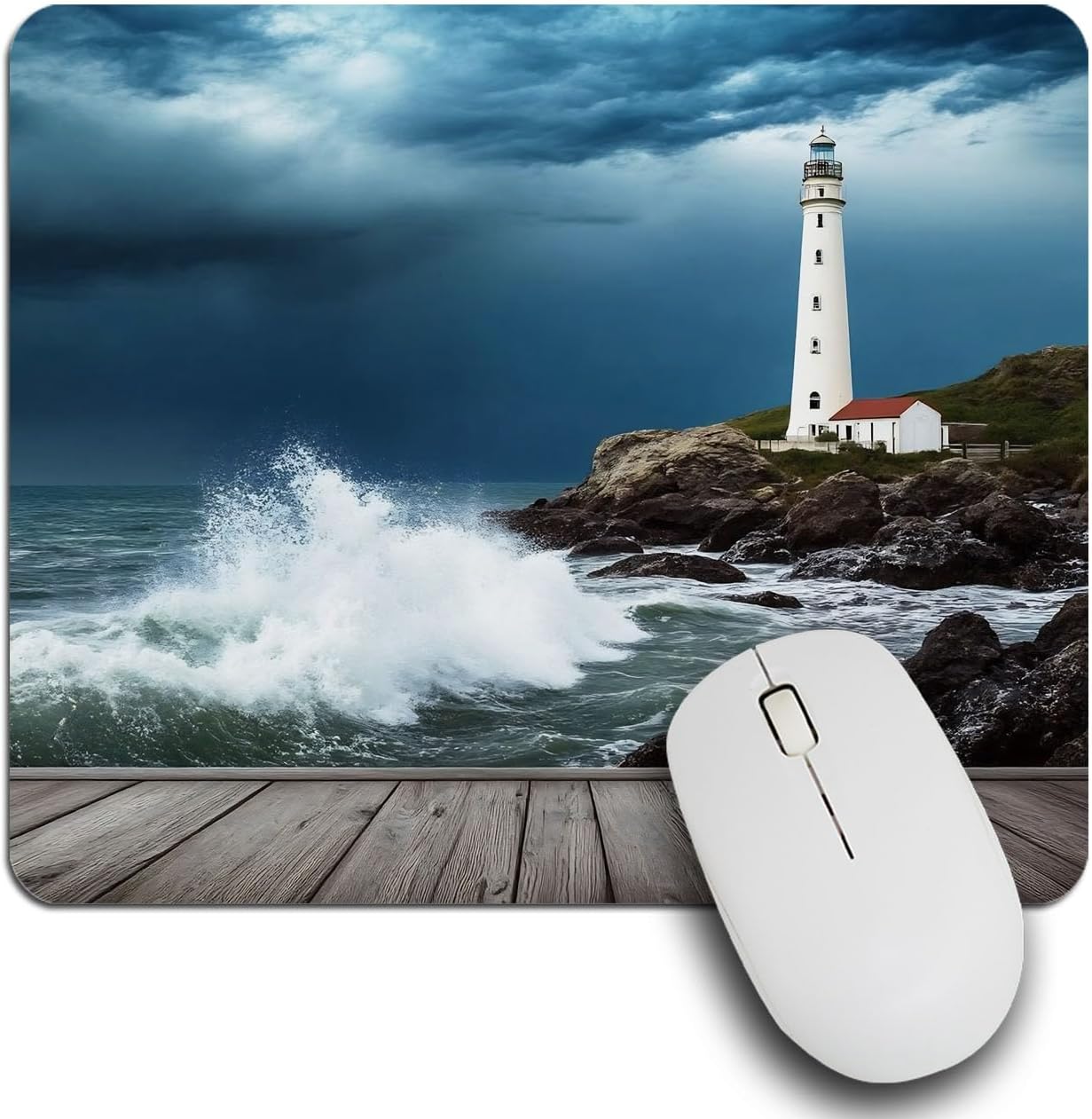 IBILIU Mouse Pad Coastal,Ocean Wave Shore Lighthouse Wood Pier Rectangle Mousepad Non-Slip Rubber Base Computer Mouse Pad for Laptop, Office, Home - 9.5 X 7.9 Inch