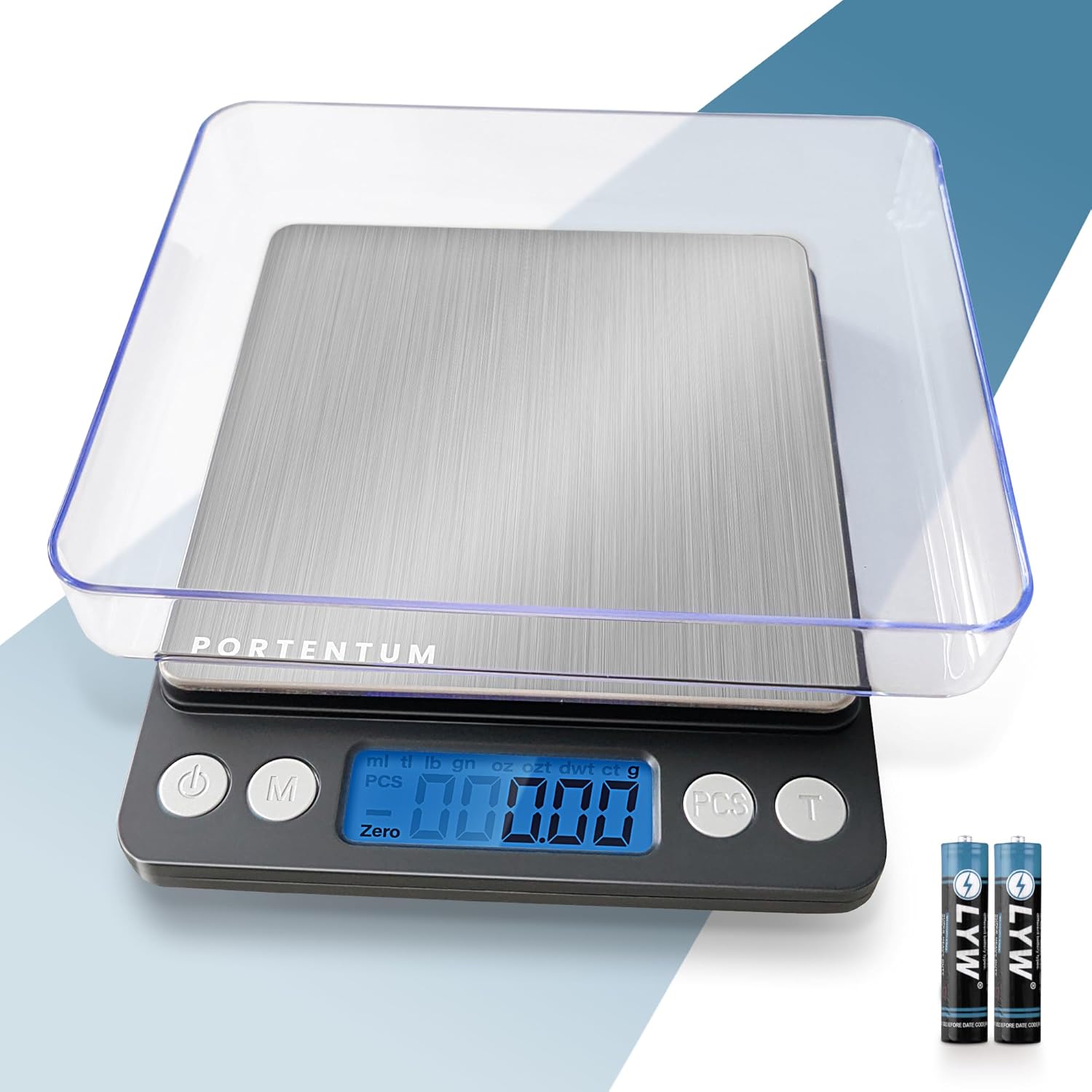 PORTENTUM Digital Kitchen Scales 5kg/11lb with Large LCD Display, Food Scales with Large Stainless Steel Weighing Surface, Liquid Measurement, High Precision up to 1 g, Tare Function,
